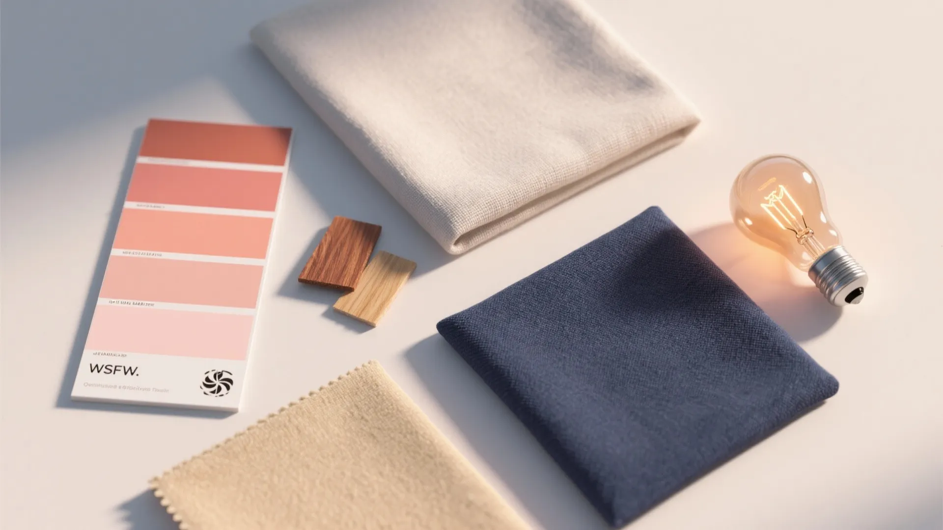 Flatlay of coral and peach paint swatches, fabric samples, and a small palette showing coordinating colors.