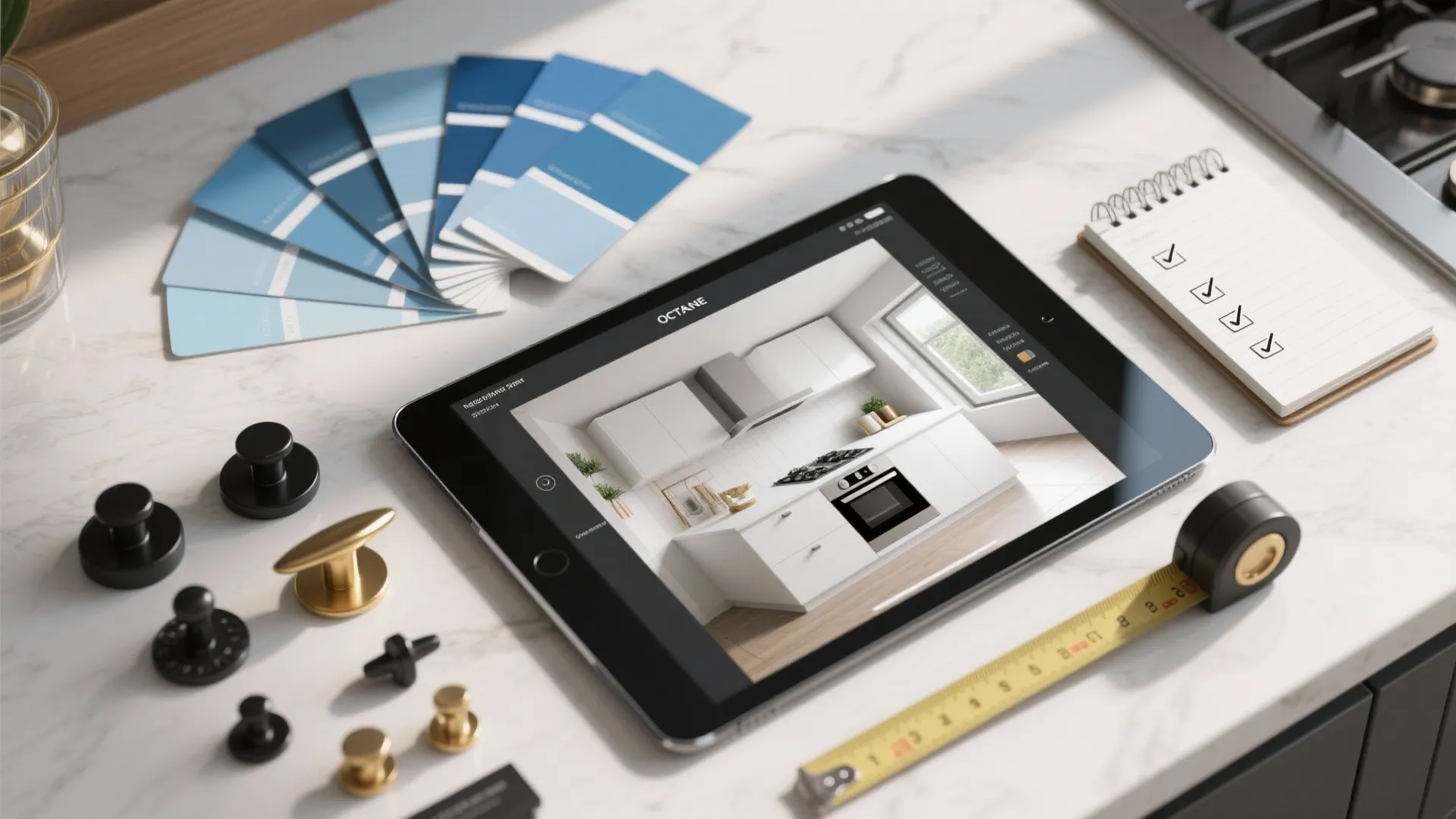 Top-down view of visualization tools, paint swatches and hardware samples for kitchen planning.