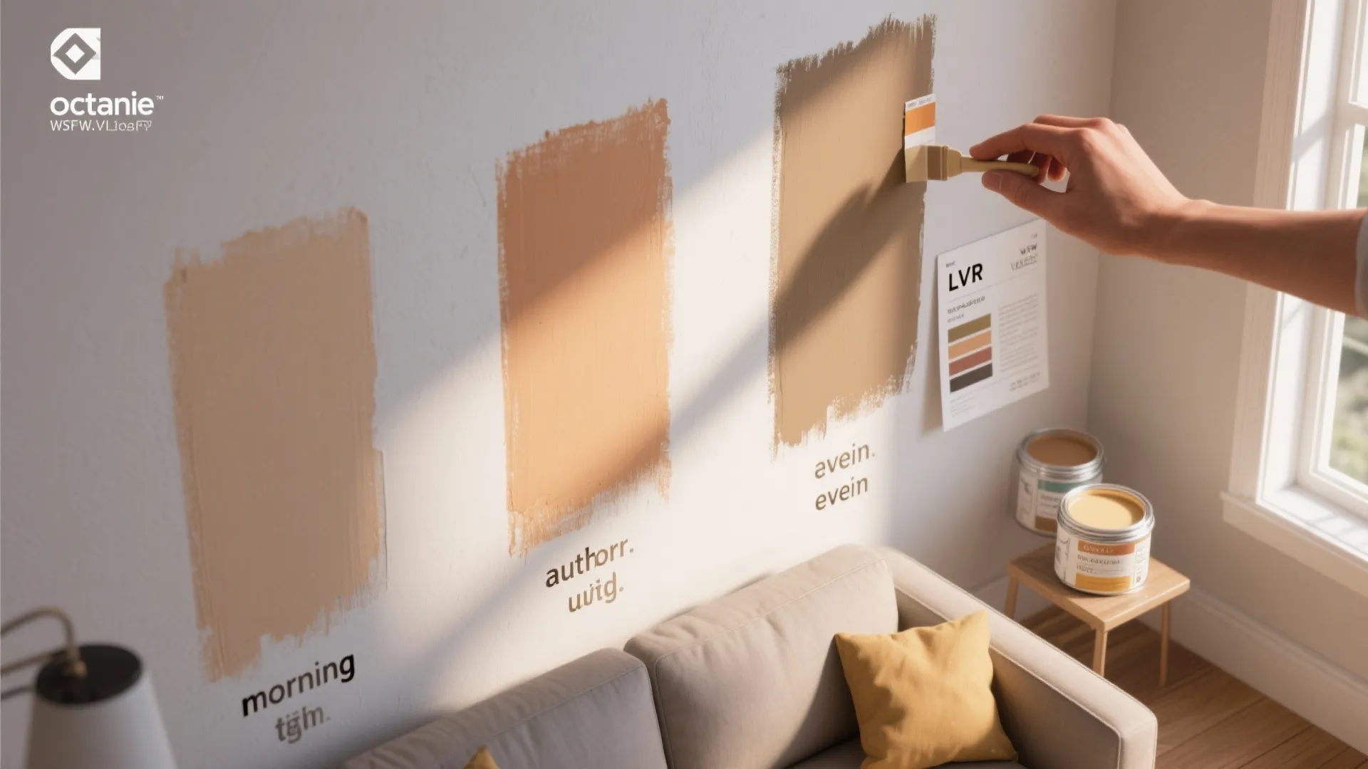 Person painting different beige color swatches on a white wall above a sofa with sunlight
