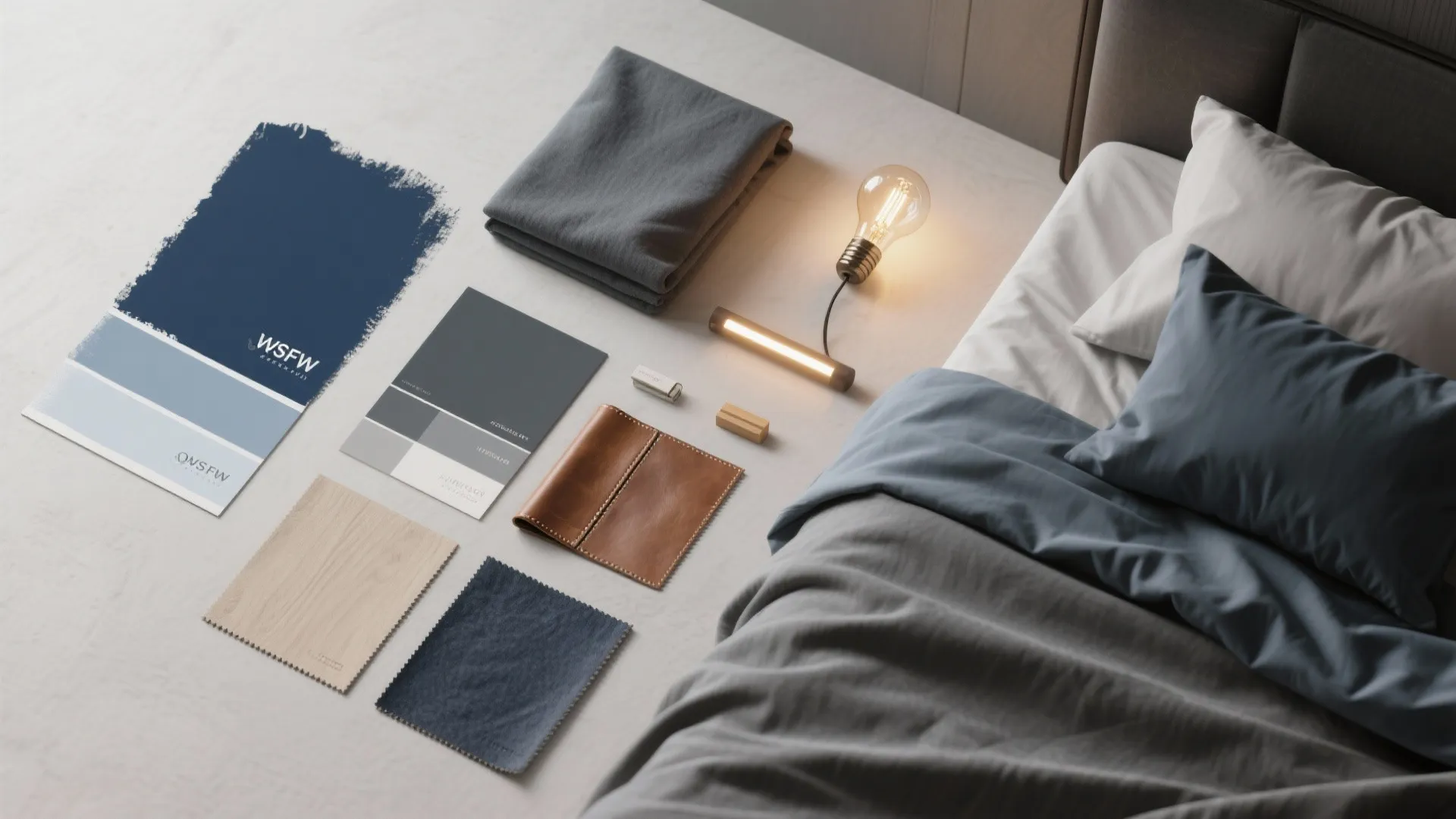 Interior design mood board with blue color cards fabric swatches leather samples and a light bulb
