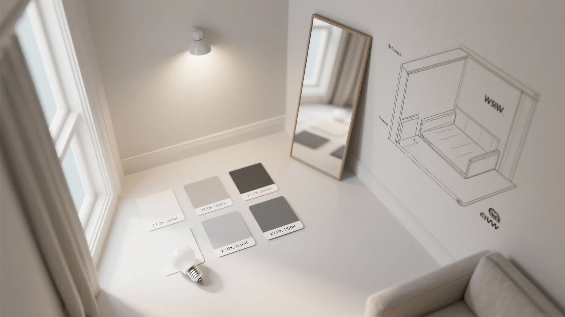 Interior design drawing showing grey color paint swatches mirror light bulb and wall layout plan
