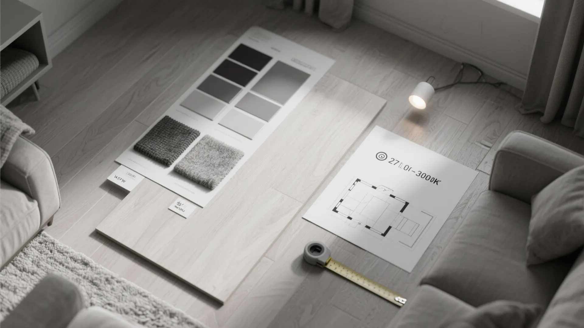Material samples and interior design drawing with tape measure placed on a light wooden floor