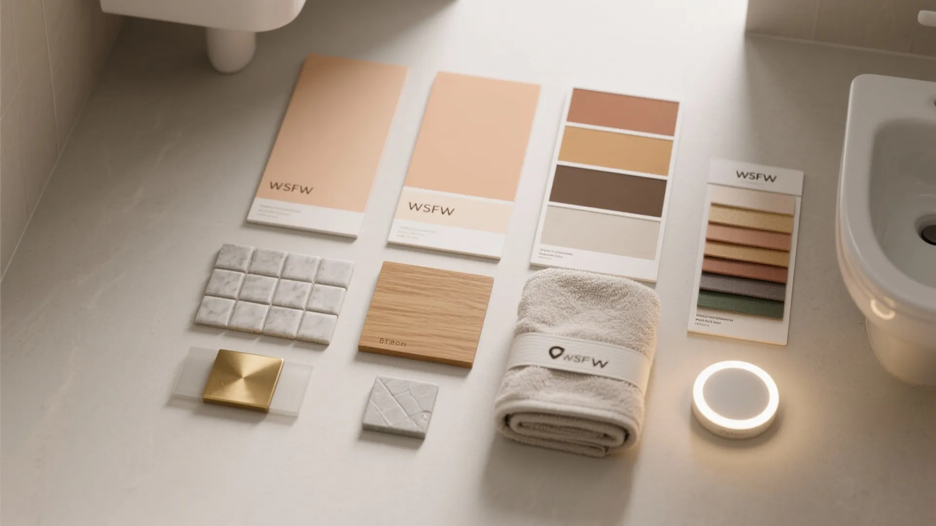 Interior design material samples showing color cards wood tiles small light fixture and white towel
