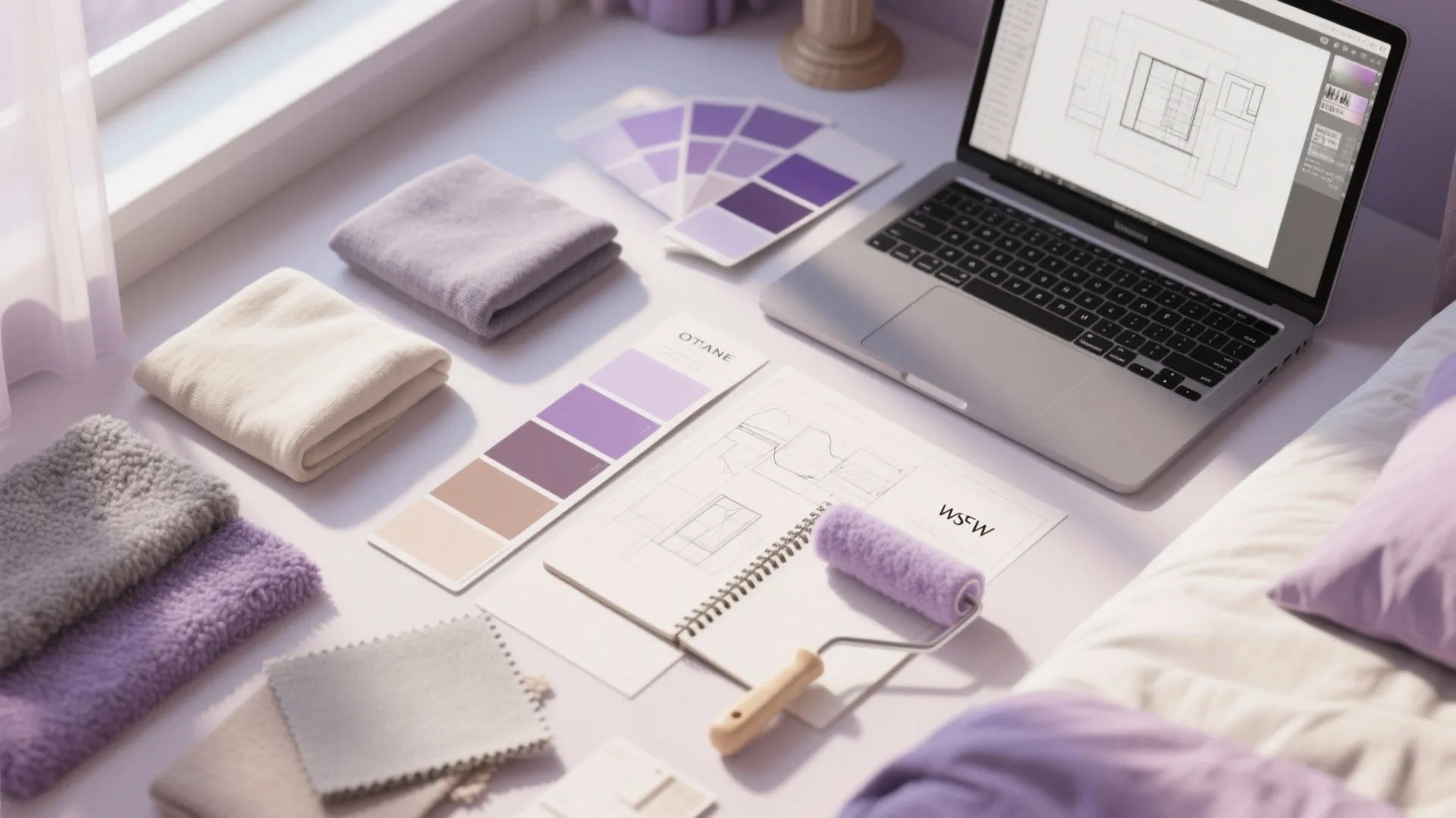 Laptop showing room layout with purple paint swatches fabric samples and interior design drawing tools