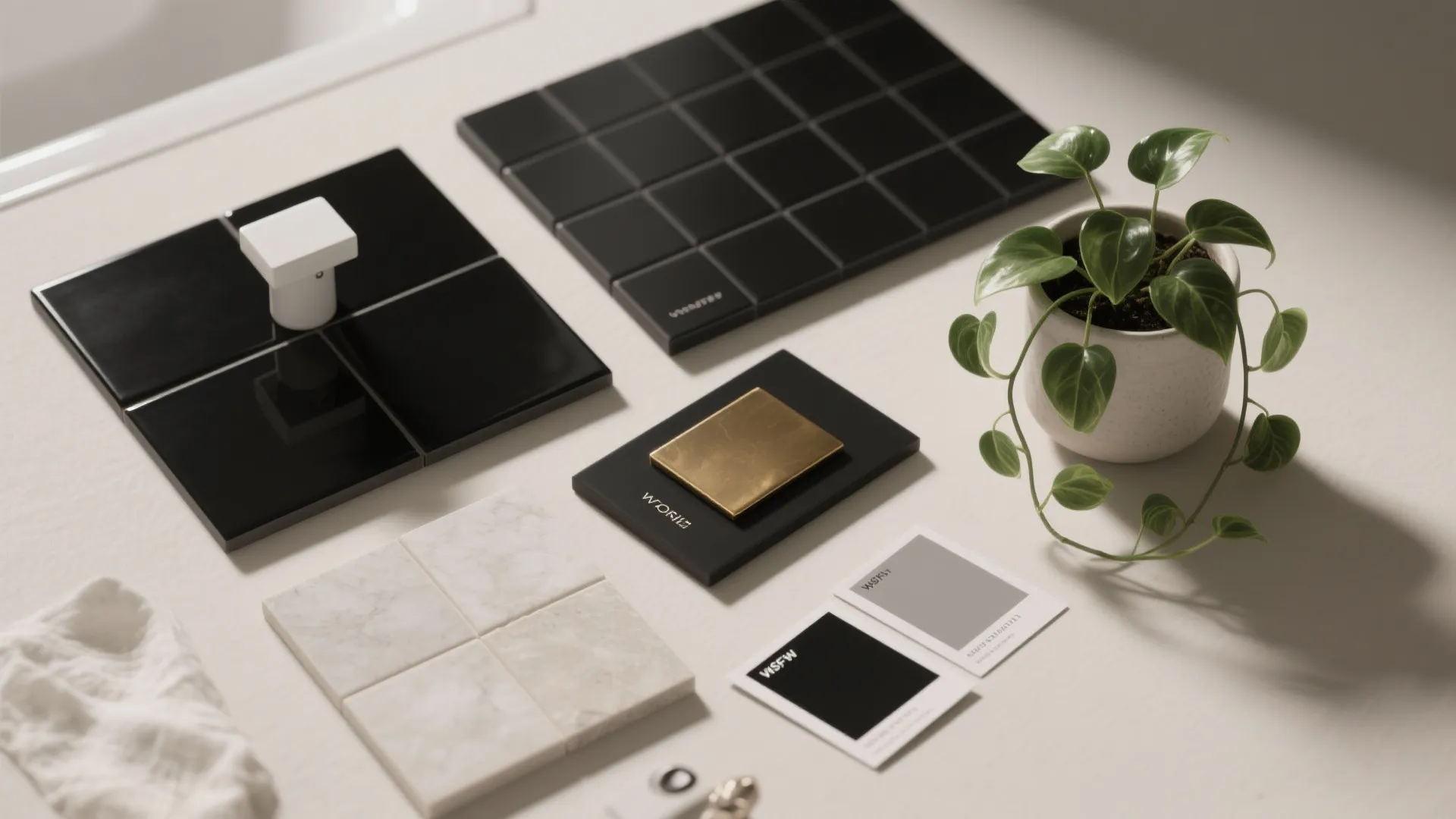 Interior design material samples featuring black tiles marble gold plate and a green potted plant