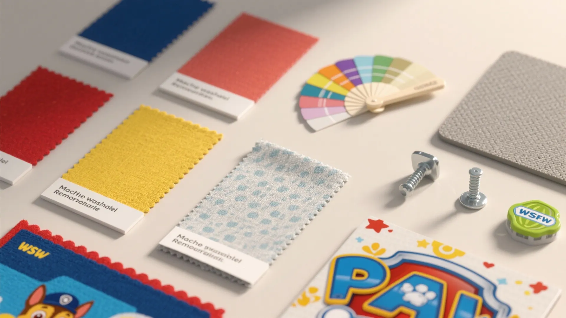 Collection of colorful fabric samples a color fan screws and small hardware on white background