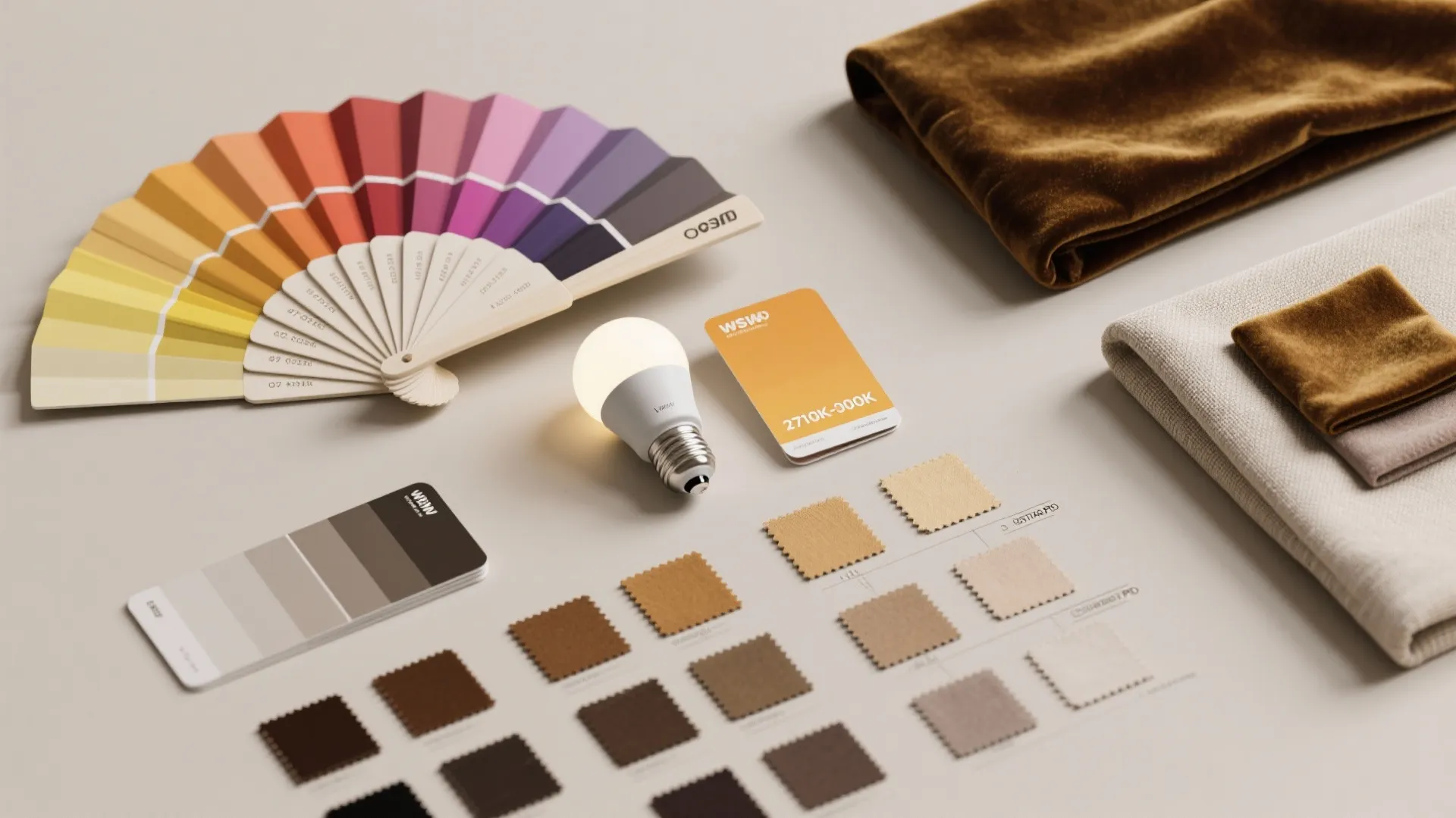 Colorful paint swatches and fabric samples arranged on a desk with a glowing light bulb