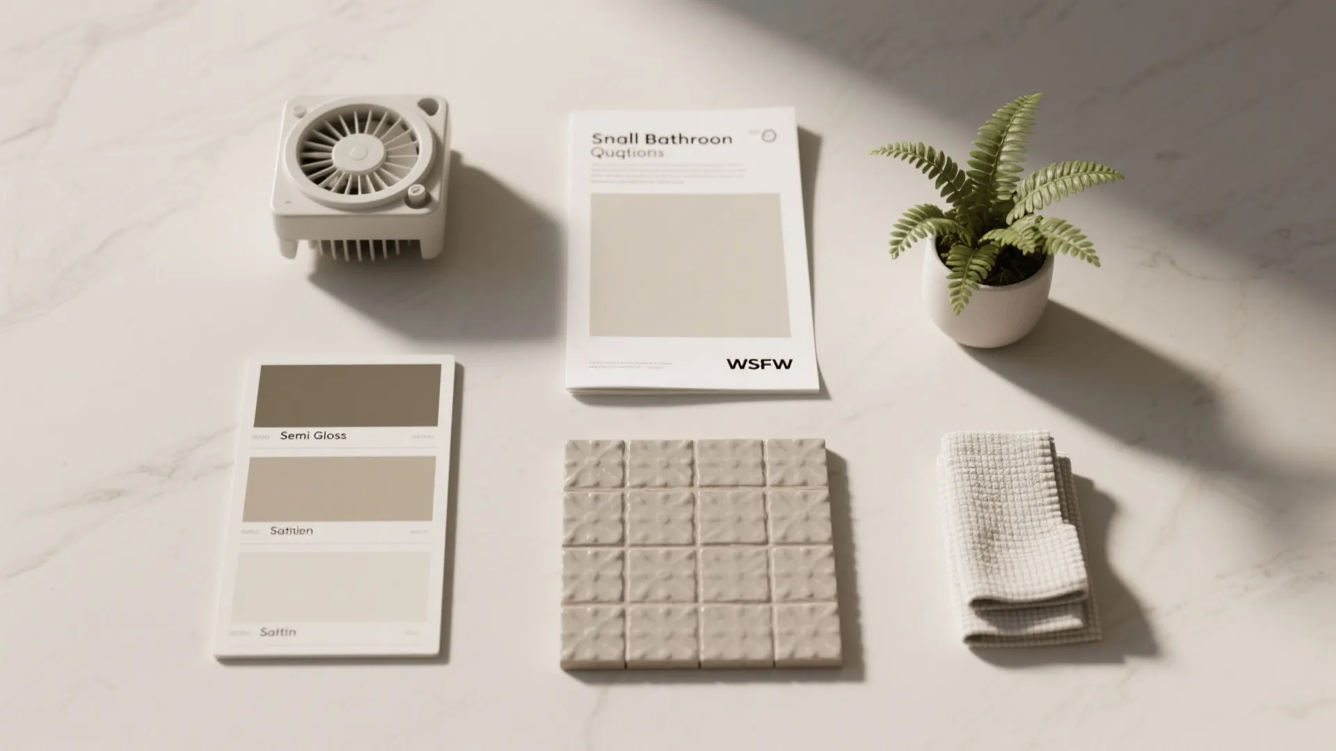 Interior design mood board with paint swatches floor tiles small green plant and white towel