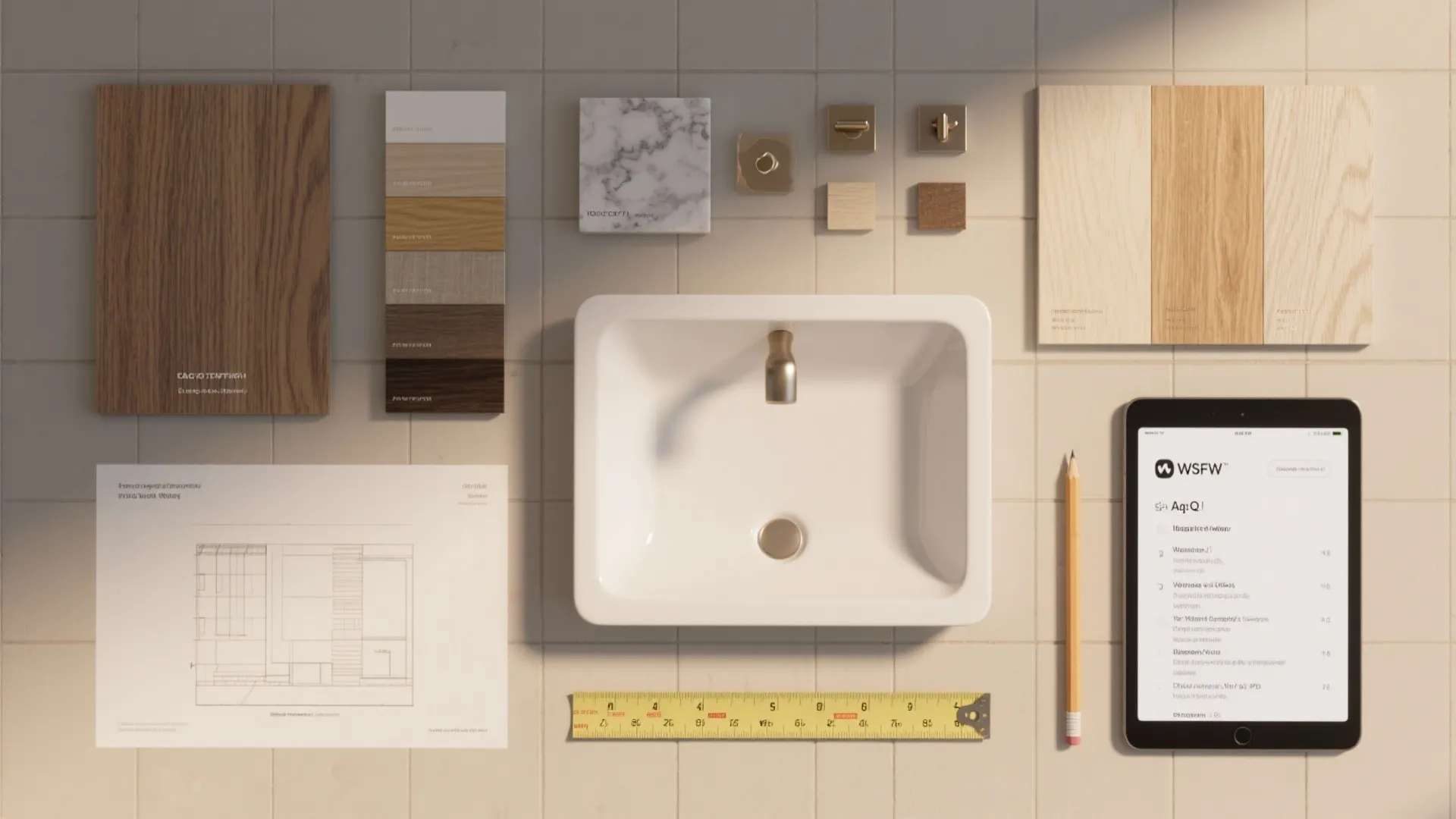 Flatlay of finish samples, hardware chips, a tape measure and a tablet displaying an FAQ for a 30 x 18 inch vanity project.