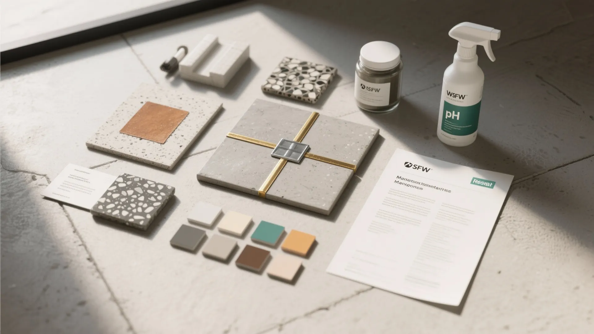 Interior design material board with stone tiles color swatches cleaning spray and a white paper