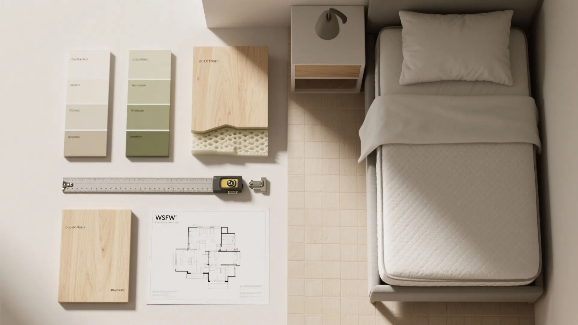 Top-down flatlay of material swatches, mattress cross-section, measuring tape and hardware for small bedroom planning.