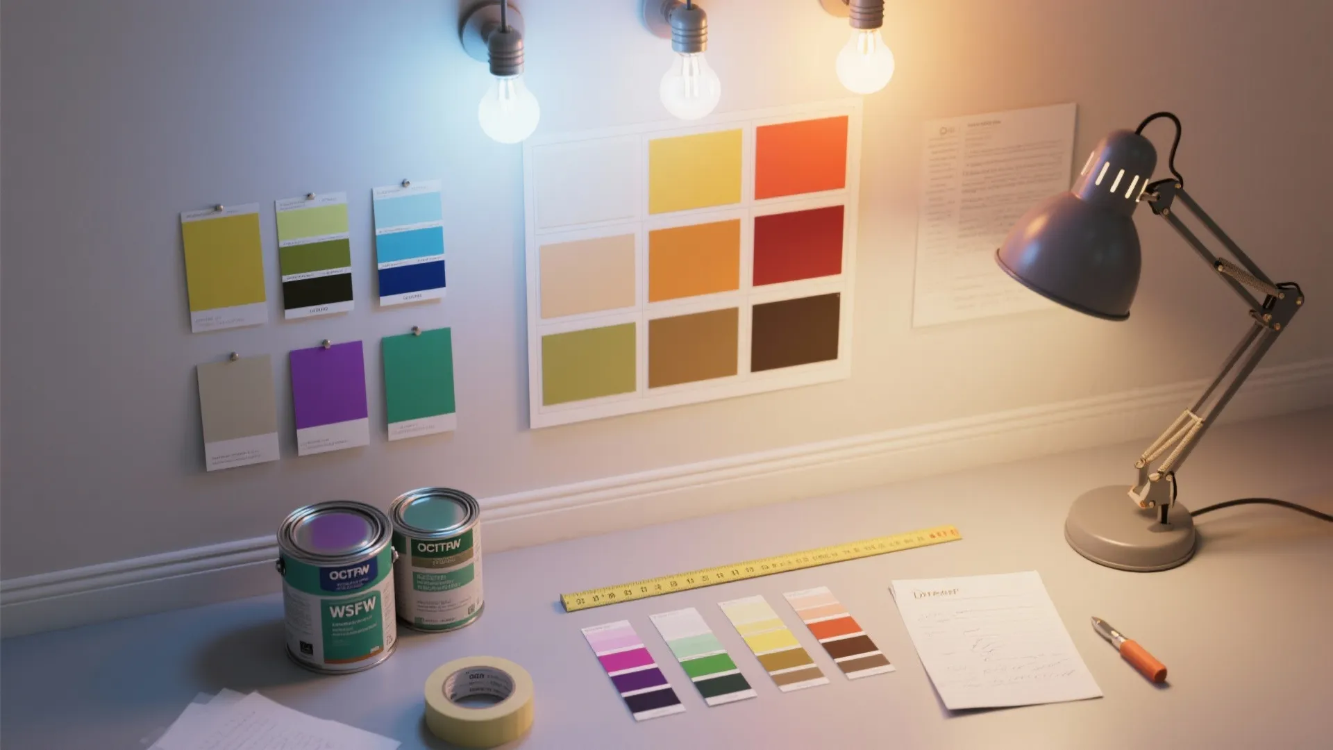 Top-down view of 12x12 paint swatches, light bulbs, and sample cards demonstrating color testing.
