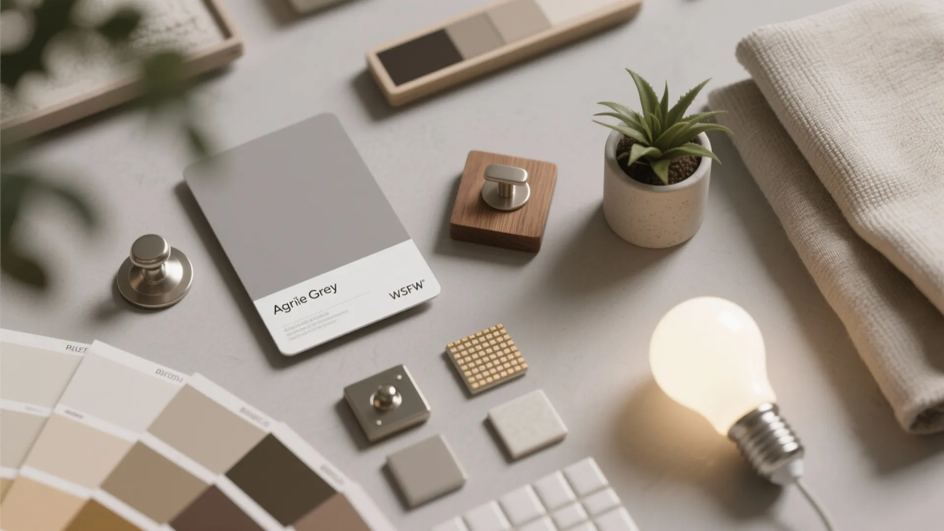 Grey color swatches placed with small green plant and glowing light bulb for interior design