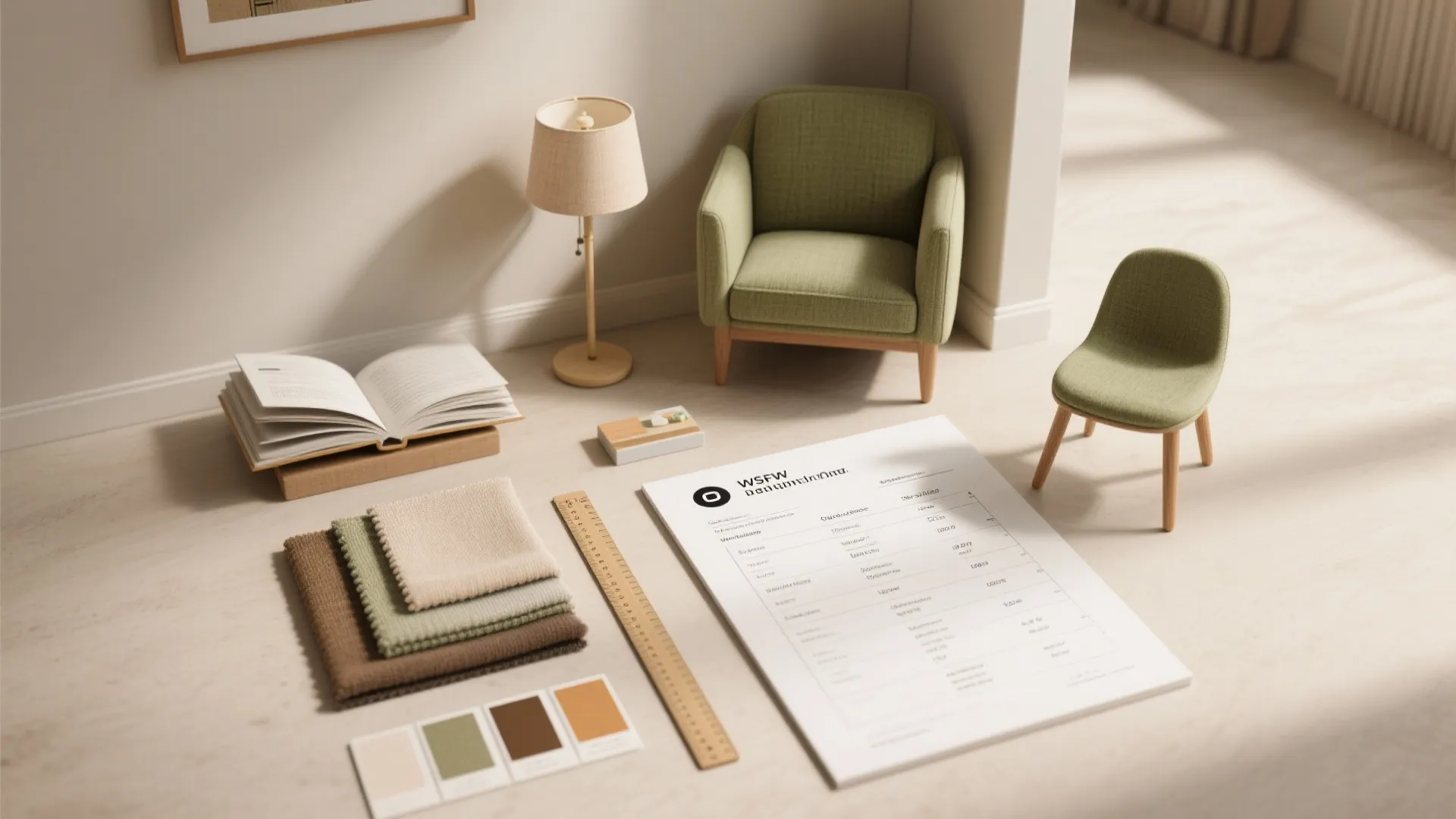 Interior design mood board with green chairs fabric samples a table lamp and a ruler