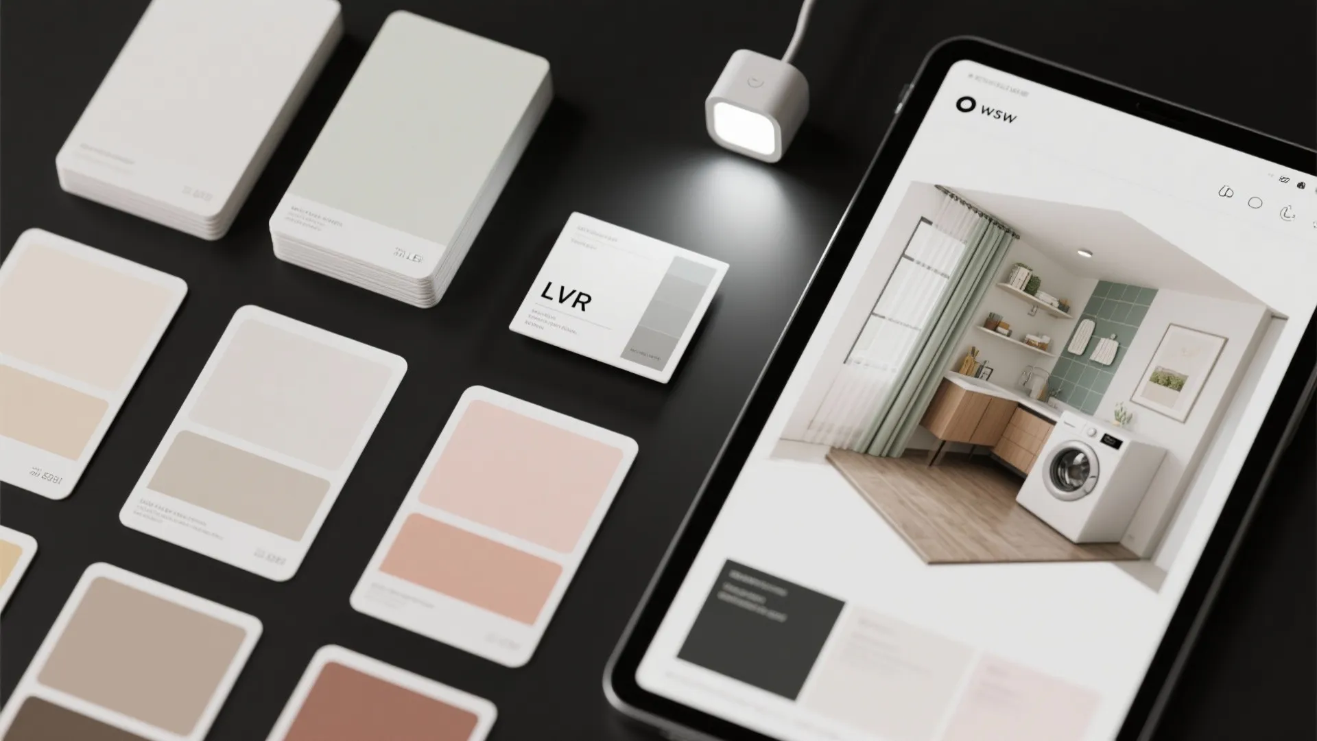 Tablet showing interior design drawing next to color swatches on a dark desk with light