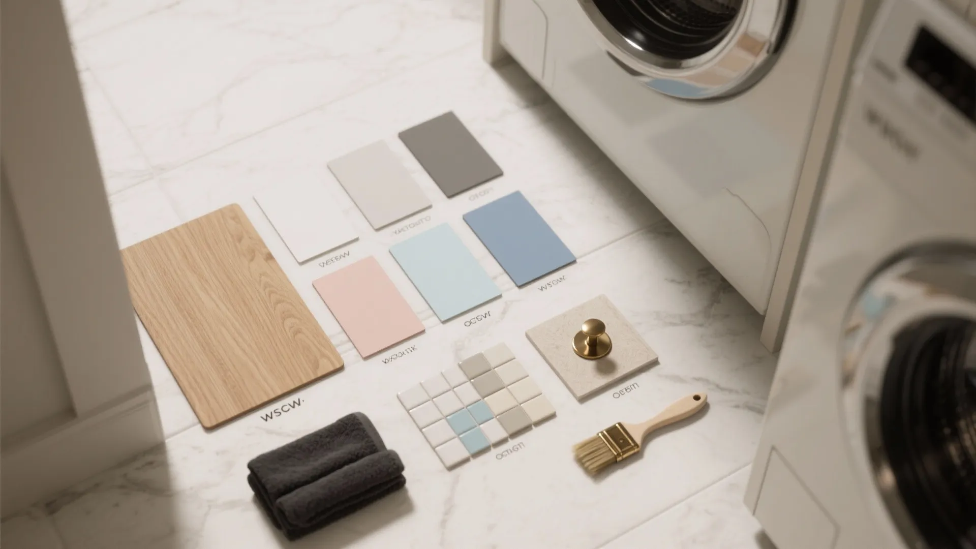 Interior design material samples including wood panel colorful tiles and paint swatches on marble floor