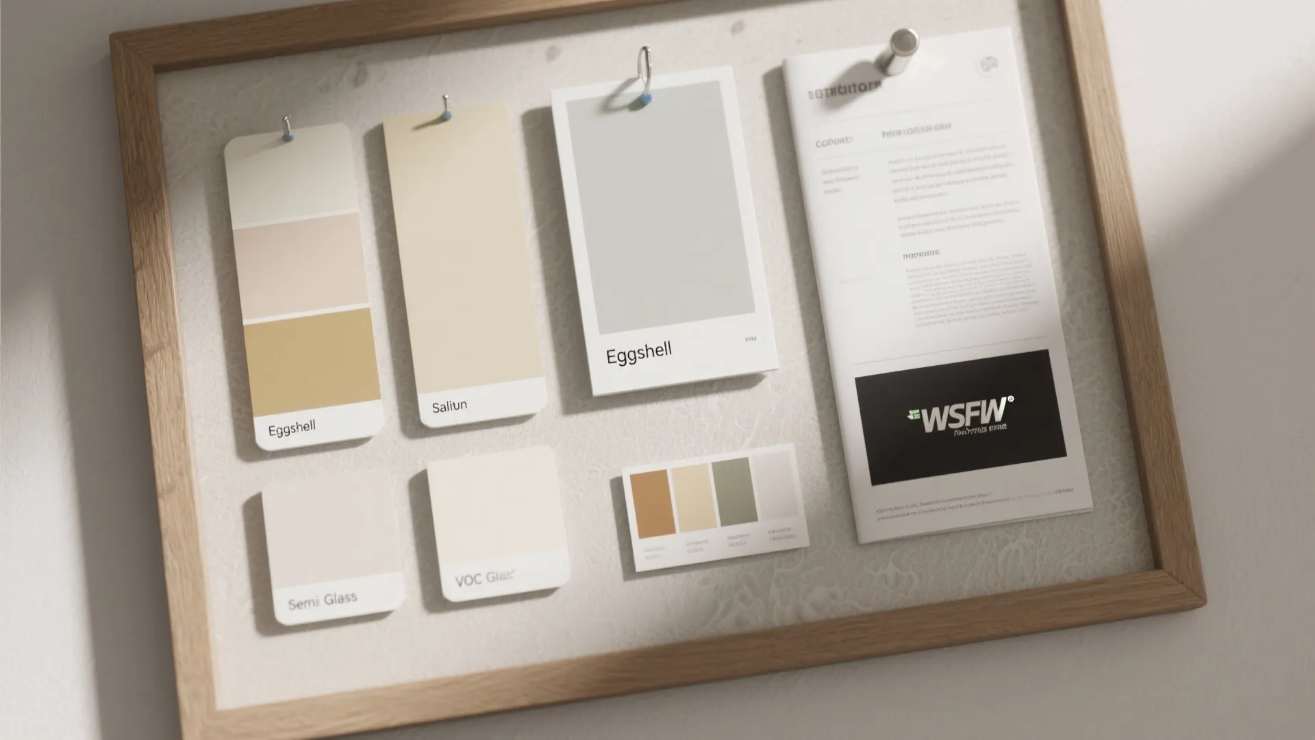 Flatlay of paint finish swatches and VOC information for FAQ about finishes and safety.