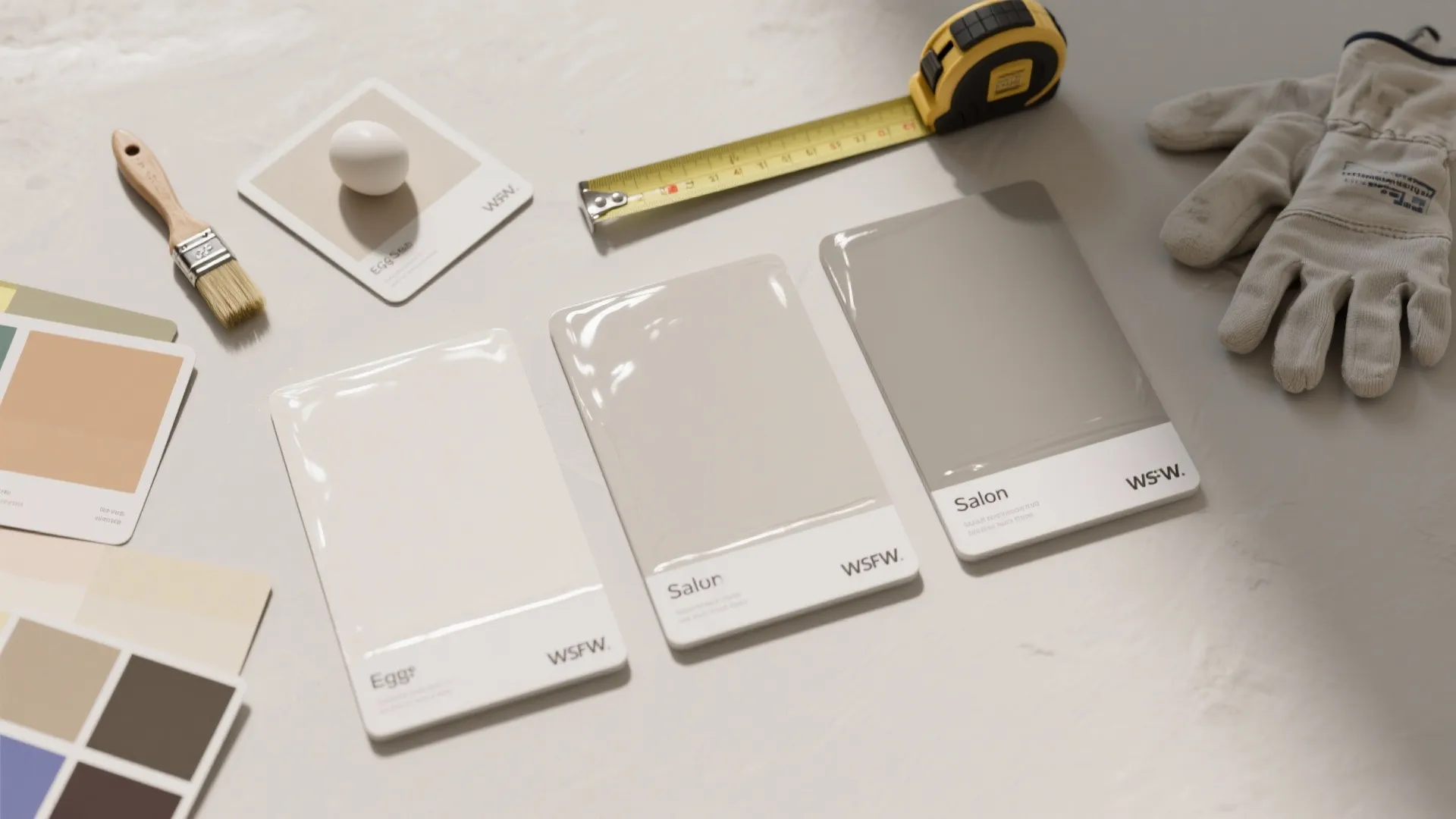 Top-down view of painted sample boards showing eggshell, satin, and gloss sheens with brushes and gloves.