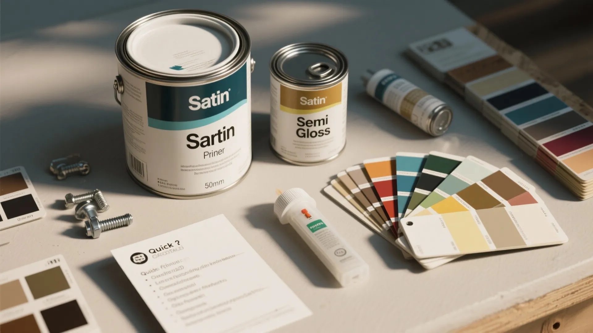 Flatlay of paint sheen samples, primer, color chips and hardware swatches illustrating common door painting FAQs.
