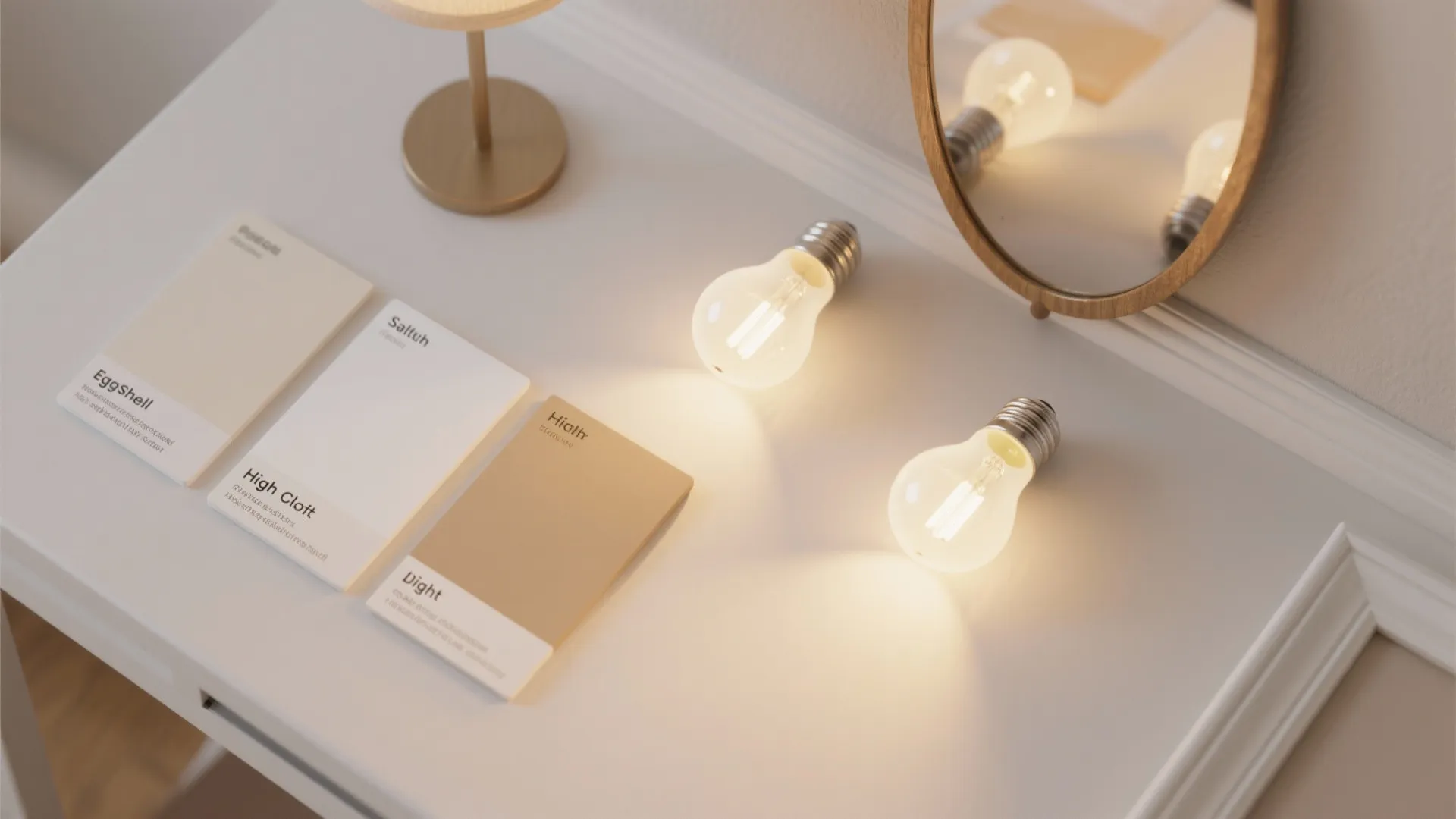 Flatlay of paint finish chips, warm and daylight bulbs, and trim samples illustrating common paint FAQs.