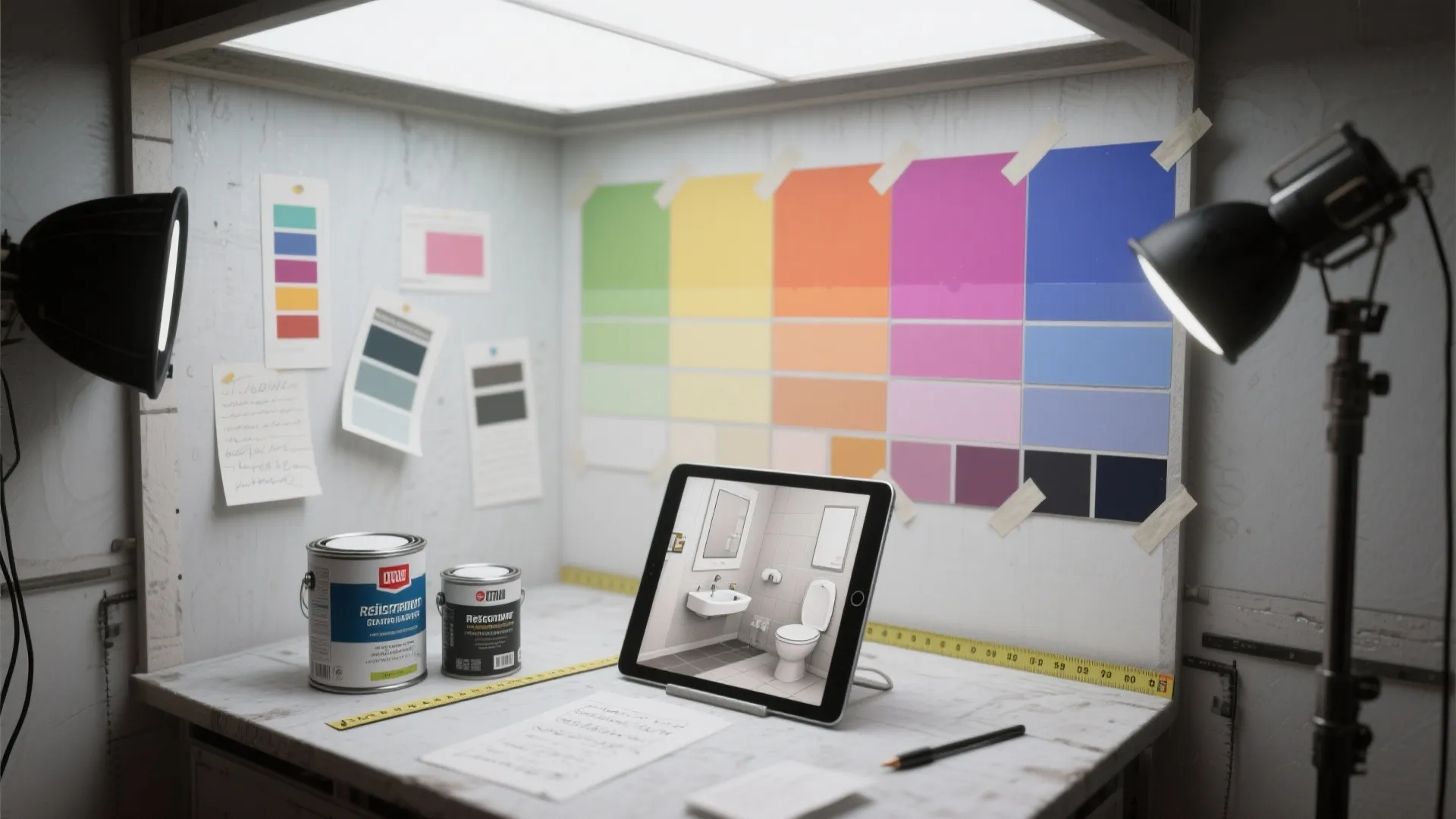 Top-down mockup showing painted swatches on wall and ceiling panels and a tablet with a 3D bathroom visualization.