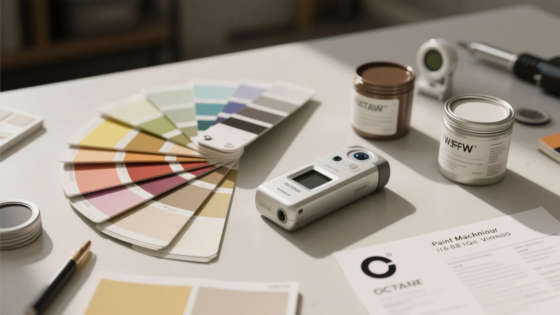 Colorful paint swatches and a handheld digital color scanner tool sitting on a white desk