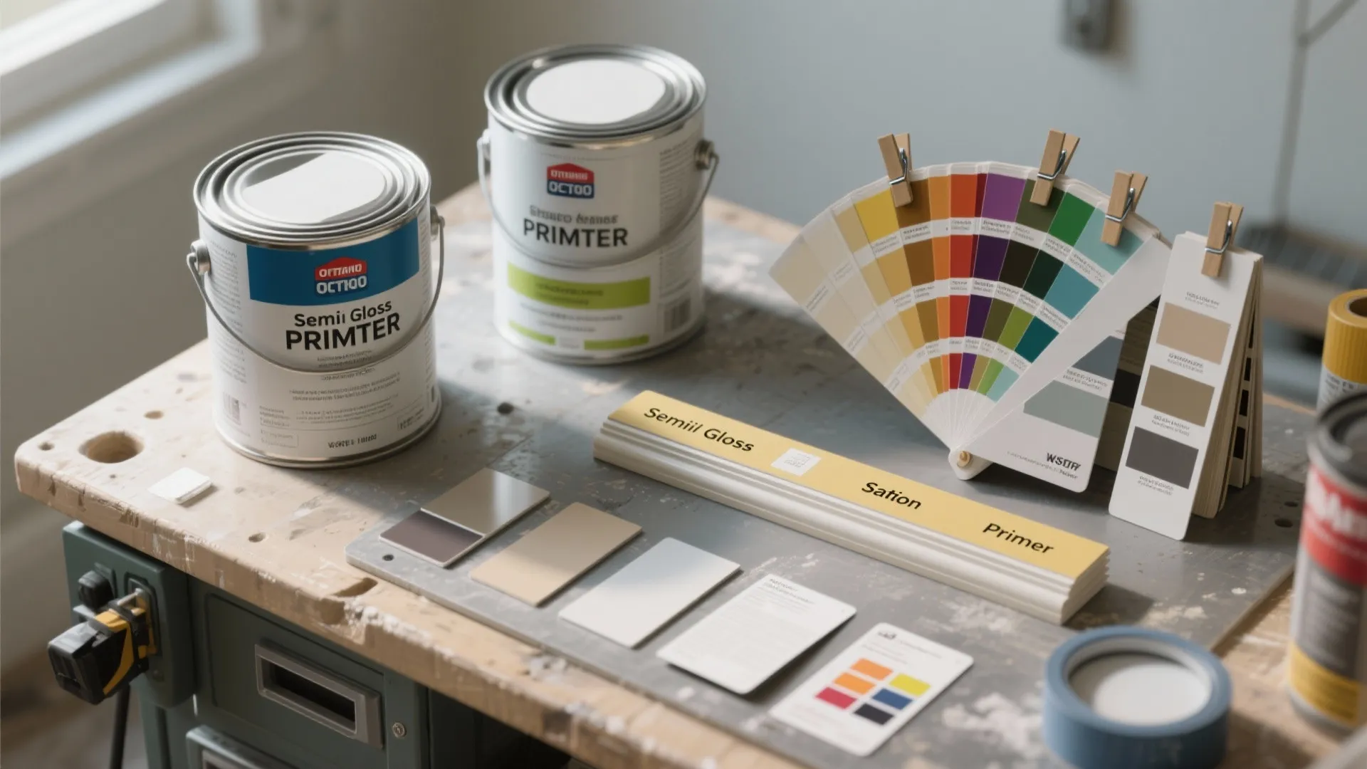 White paint cans and colorful fan deck with various color swatches on a wooden workbench