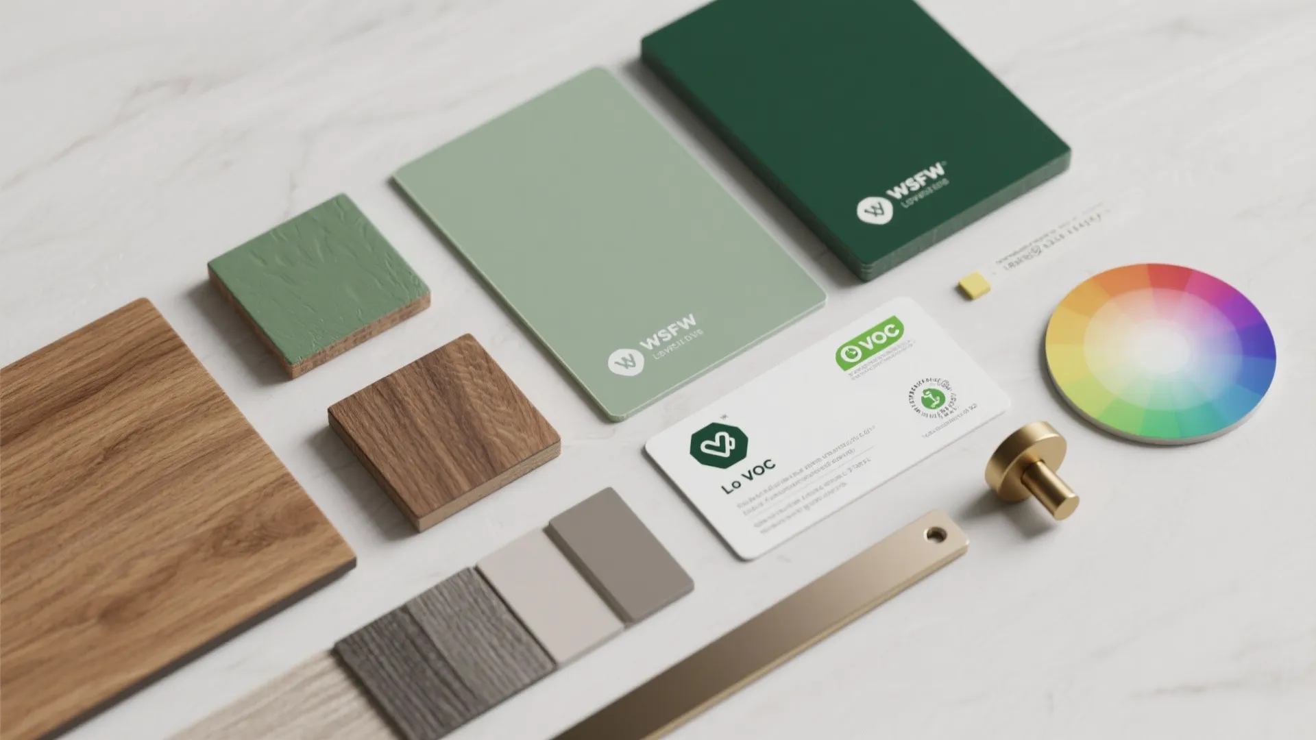 Top-down flatlay of green paint swatches, wood samples and finish chips for choosing paint and materials.