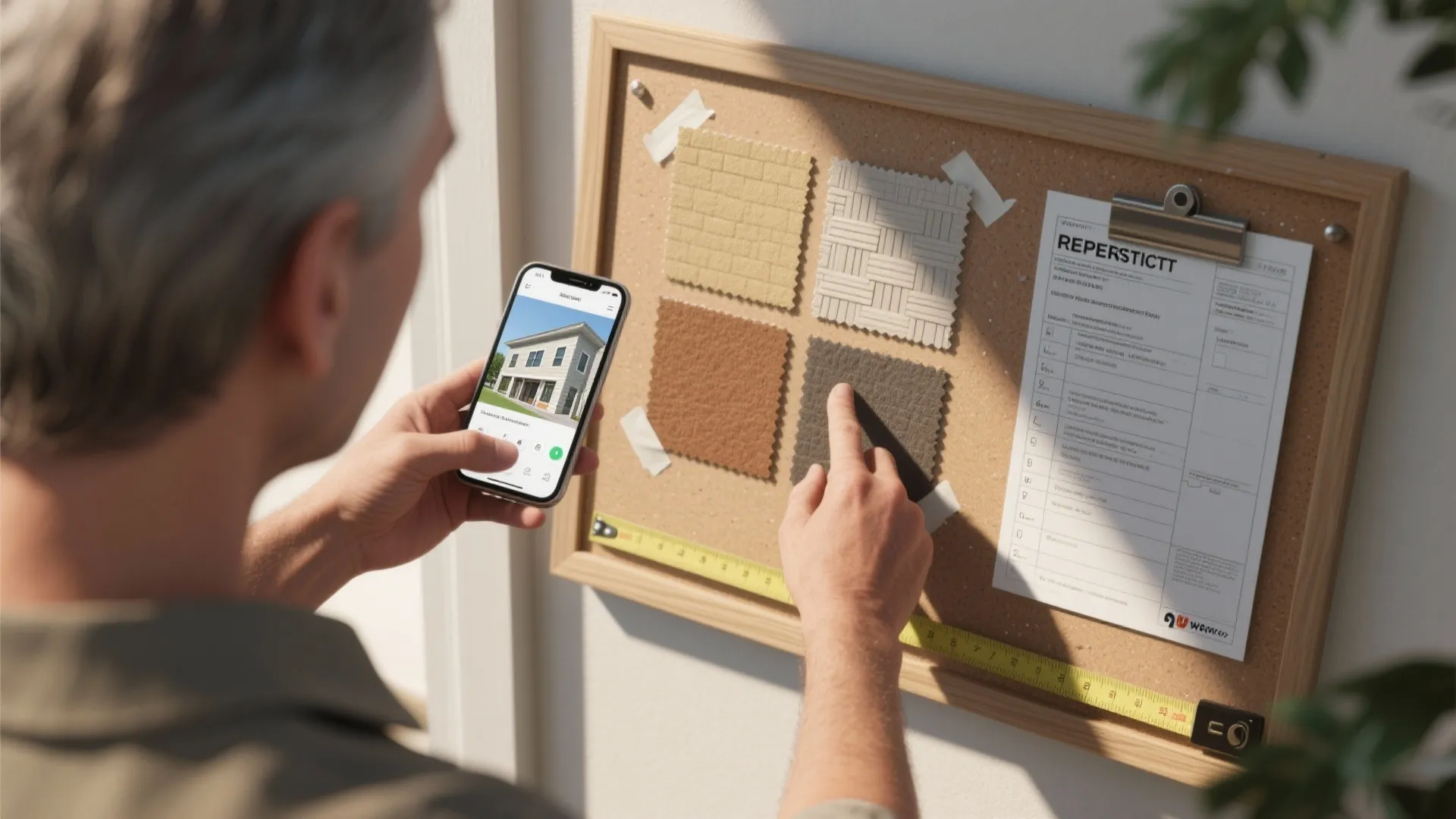 Homeowner comparing exterior swatches and digital mockups with a permit checklist and measuring tape.
