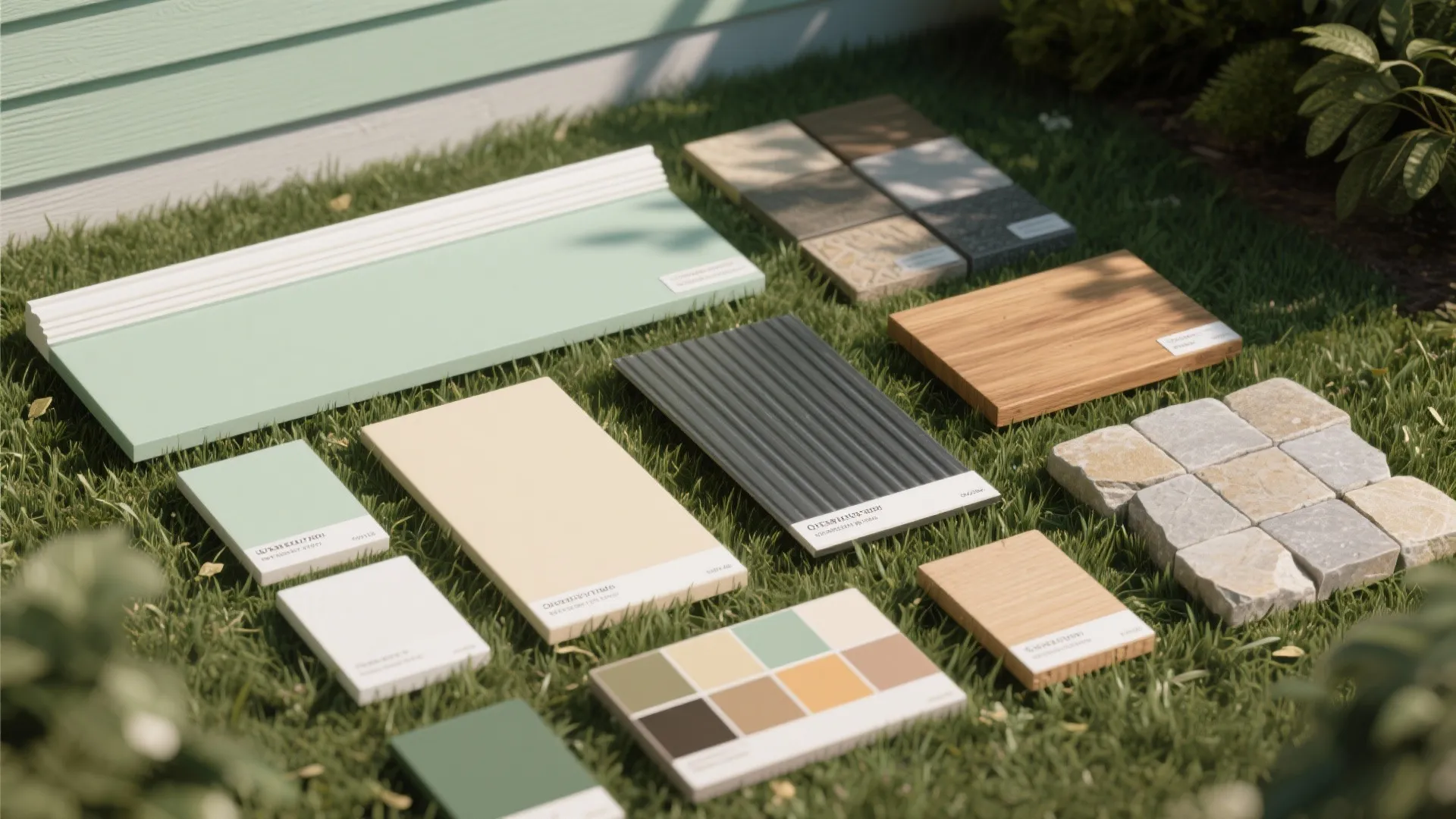 Outdoor material samples including wood tiles stone and color swatches placed on green grass lawn