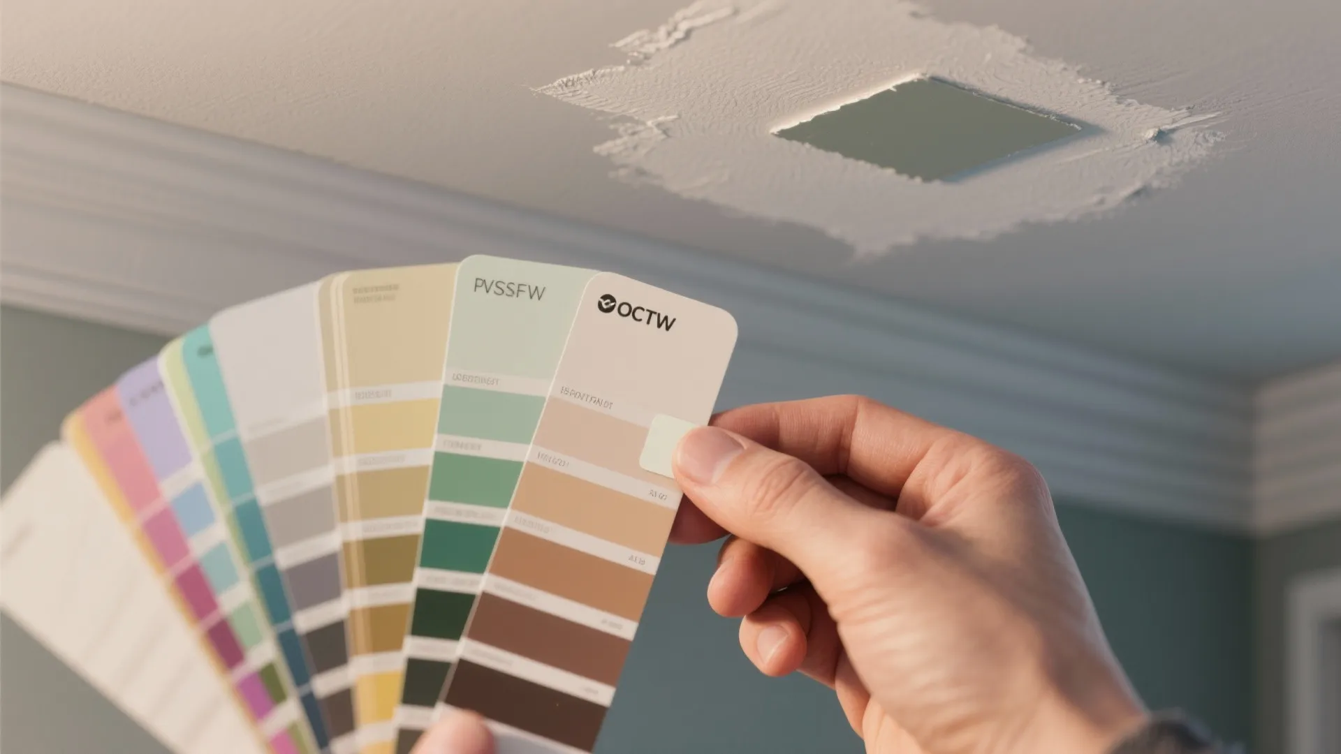 Hand holding color swatches to match paint for white ceiling repair and home interior renovation
