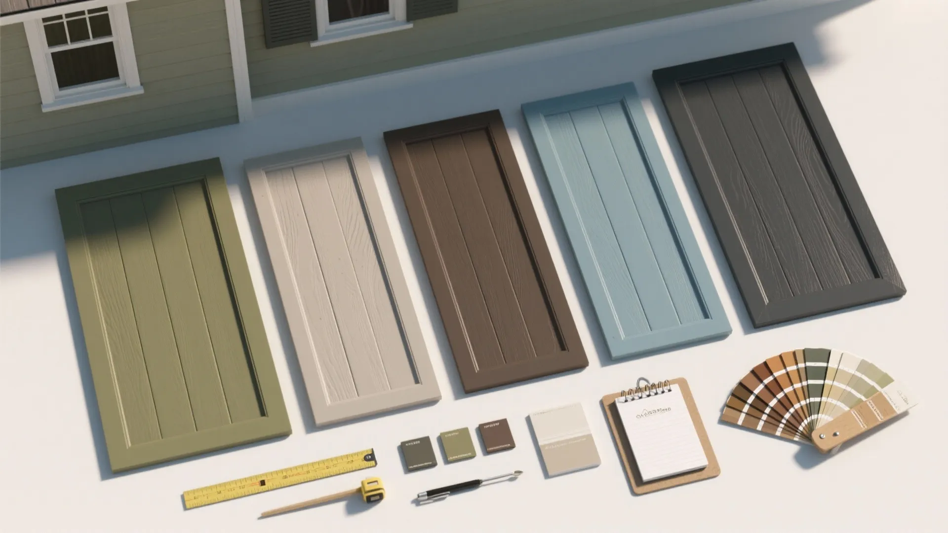 Collection of colorful door samples with paint color swatches and interior design tools on table