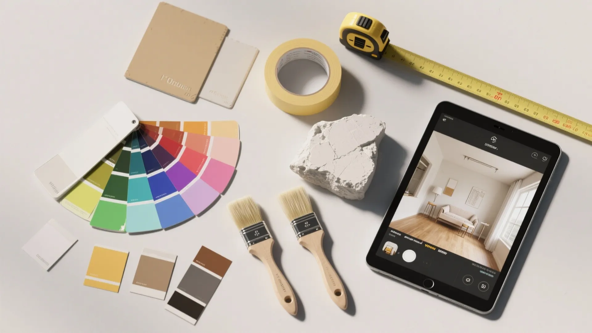 Interior design tools with color swatches paint brushes measuring tape and tablet showing room layout