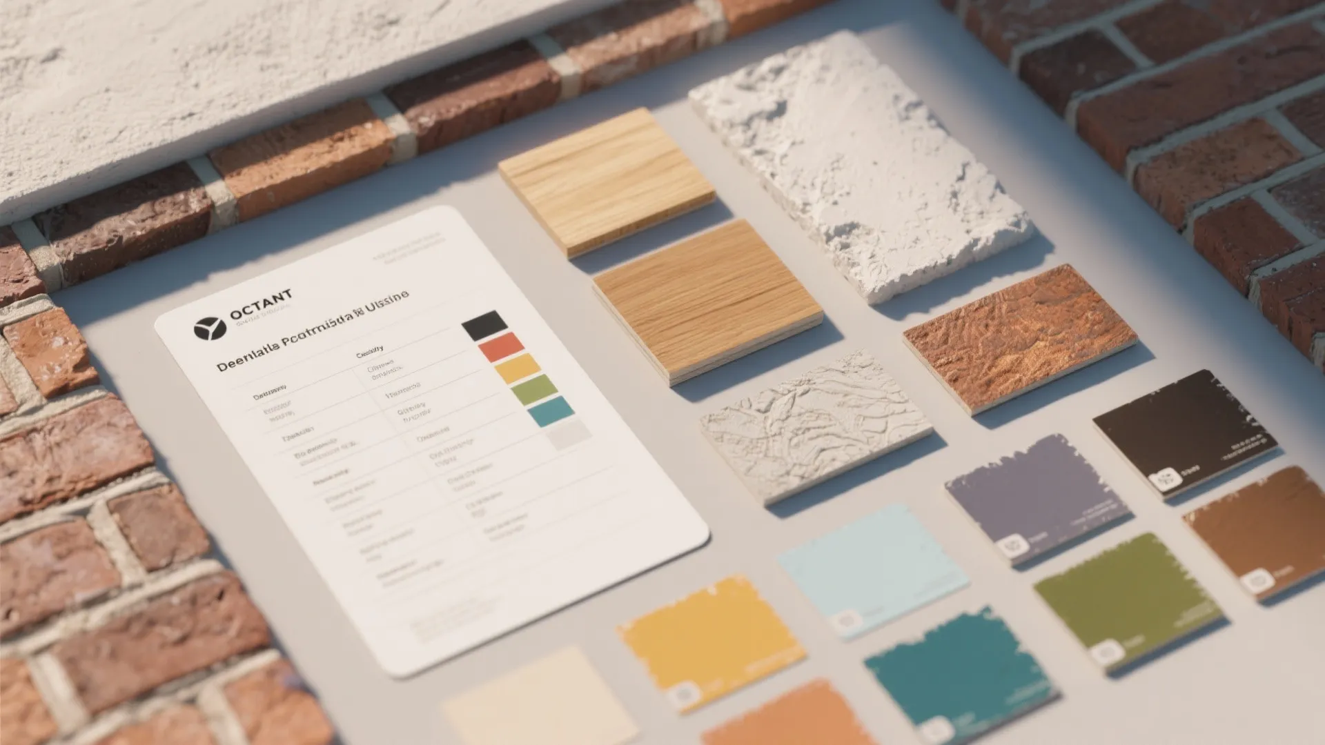 Material samples display with wood blocks stone pieces and many different colorful paint swatches on table