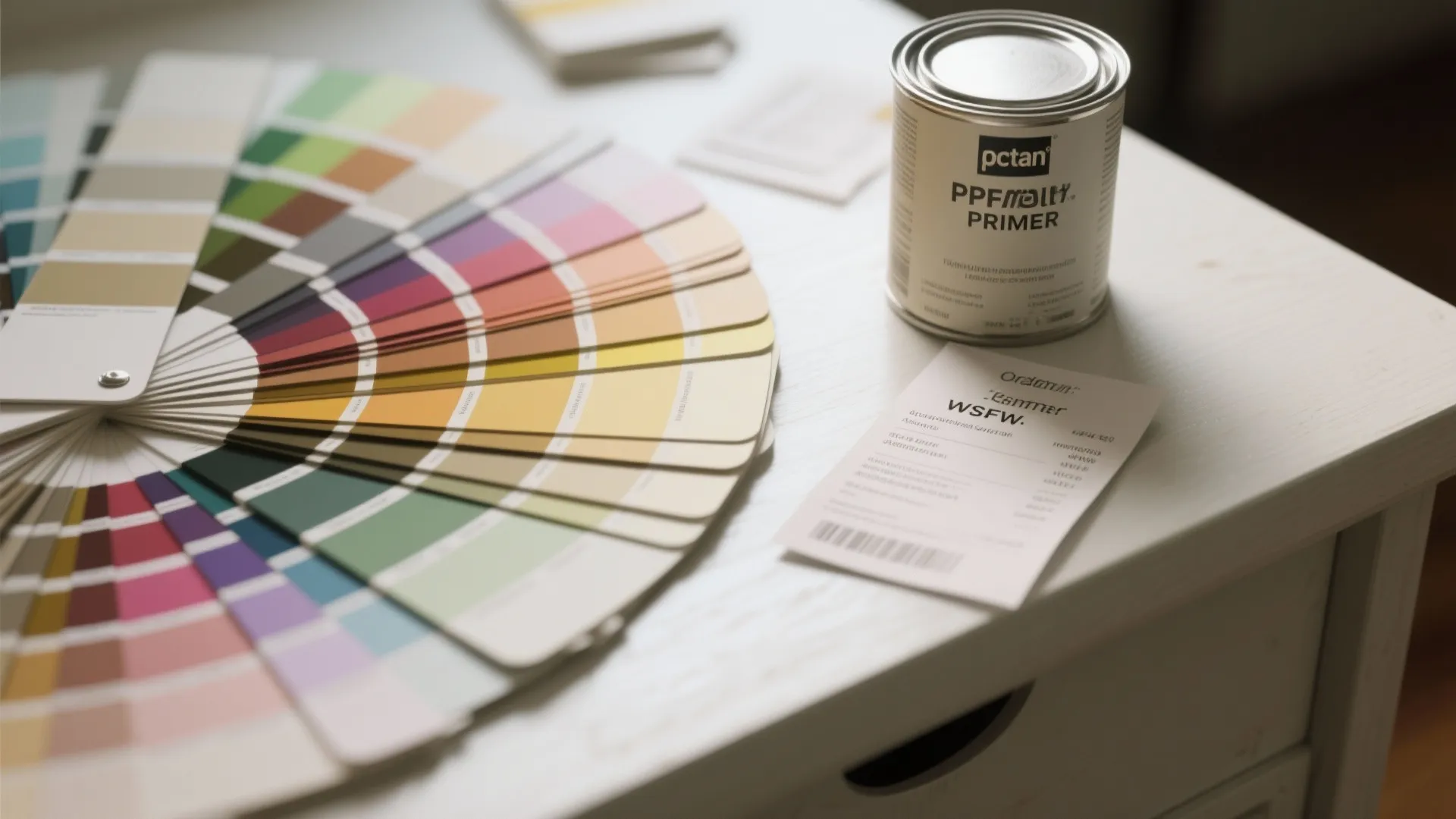 Colorful paint swatches fan and a white primer paint can on a white wooden table