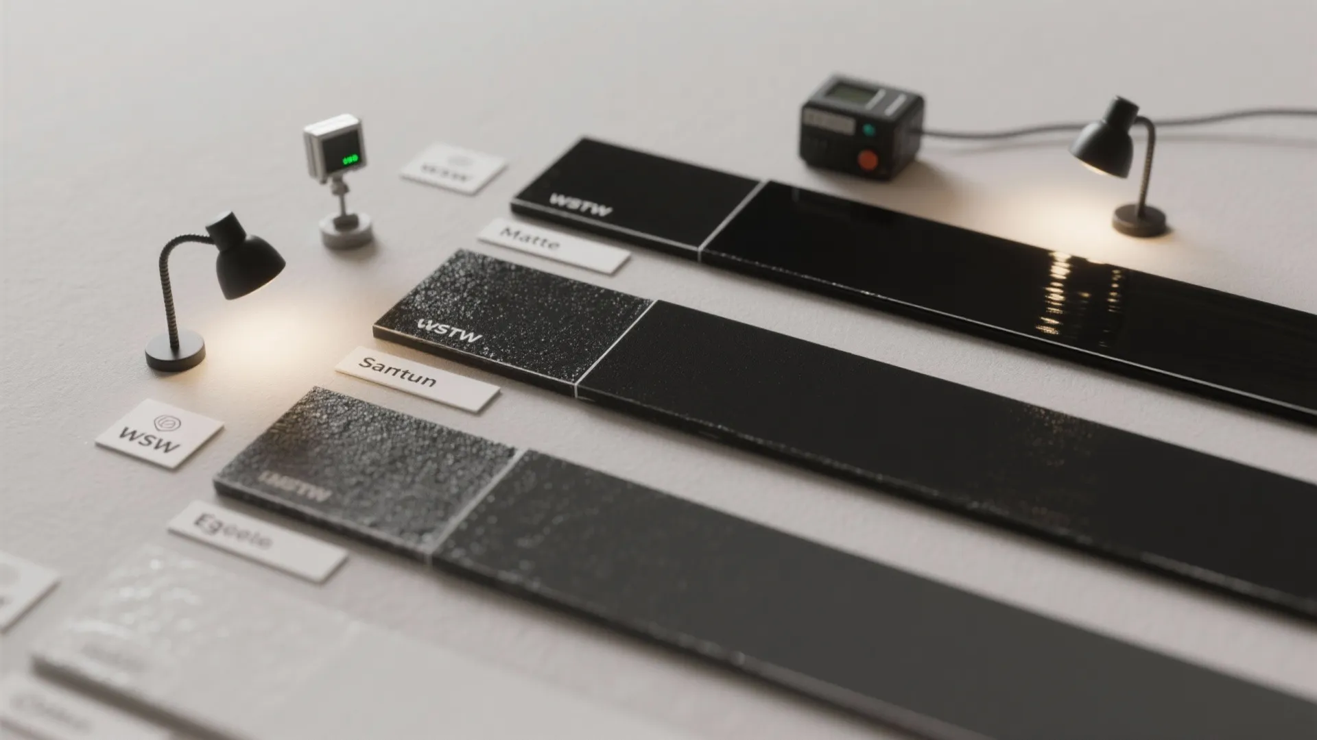 Selection of black material swatches showing different textures and finishes for custom interior design projects