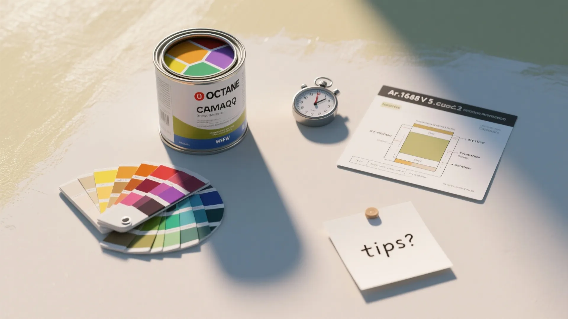 Paint can with colorful swatches, a timer, a design guide, and a small tips note