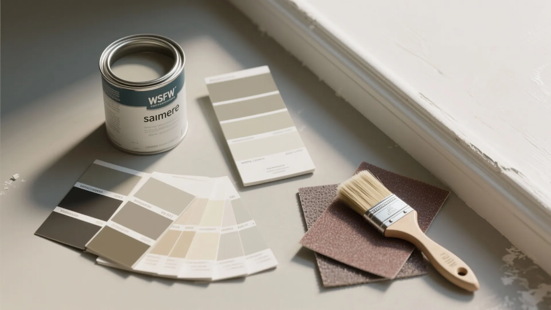 Flatlay of paint swatches, primer, sandpaper and brushes for preparing and testing same-color trim finishes.