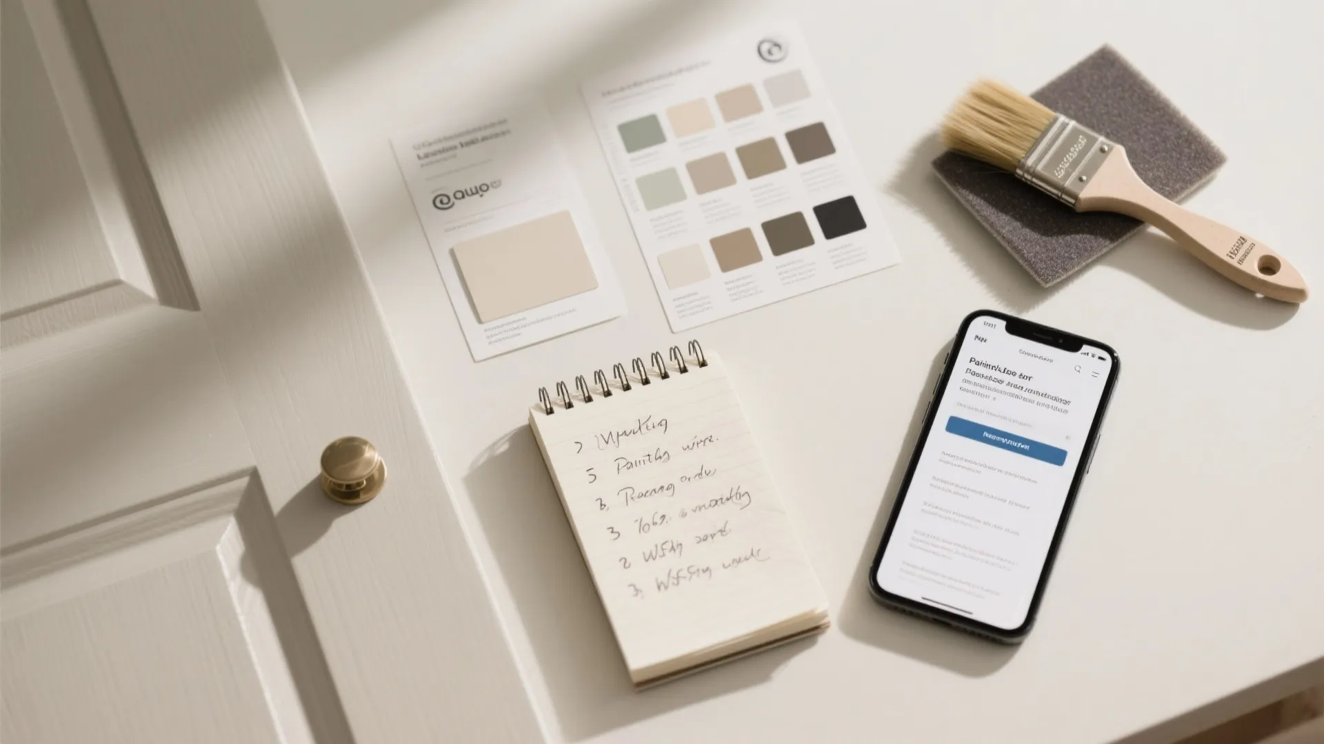 Desk with color swatches plus a mobile phone and notebook used for home renovation planning