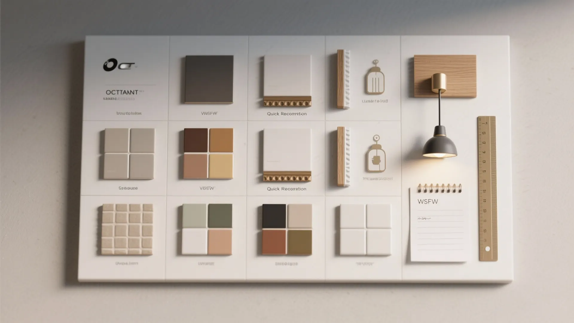 Interior design mood board showing various color swatches small light fixture and wooden ruler tool