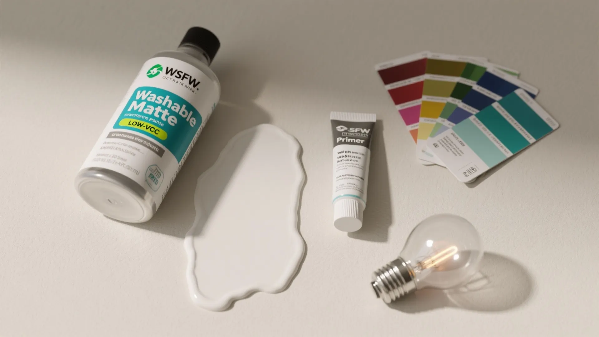 Interior wall paint supplies with white liquid paint bottle color swatches primer and light bulb