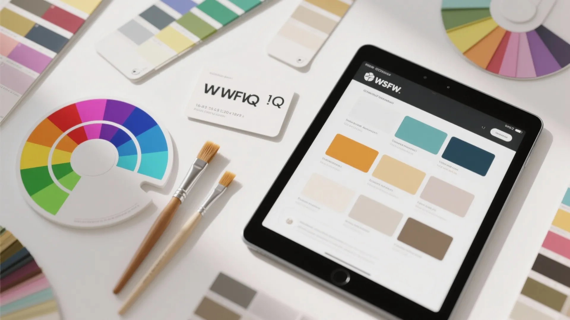 Flatlay of paint swatches, brushes and a tablet showing finish comparisons for FAQ guidance.