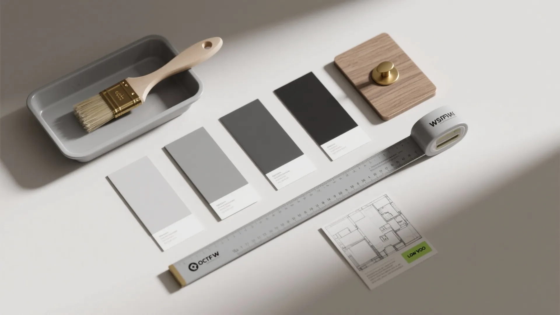 Flatlay of gray paint swatches, peel-and-stick samples, hardware and measuring tools for planning