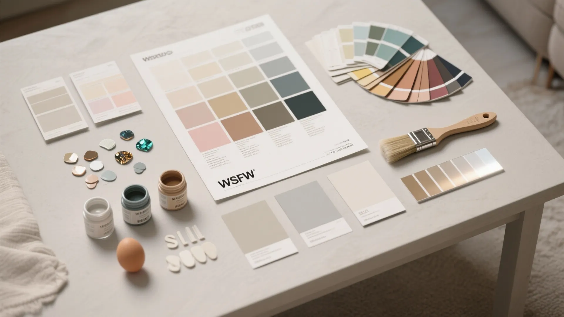 Various paint color swatches and a paint brush on a desk for interior design planning