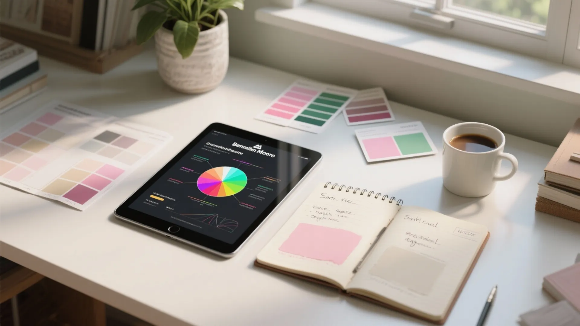 Top-down view of a tablet with color theory, paint swatches, notebook notes and a plant for design FAQ visuals.