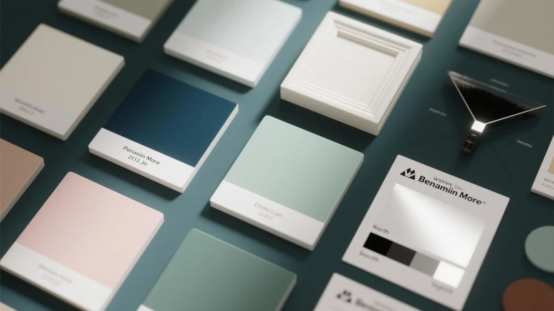 Multiple colorful paint color samples on a green table including blue pink and green colors