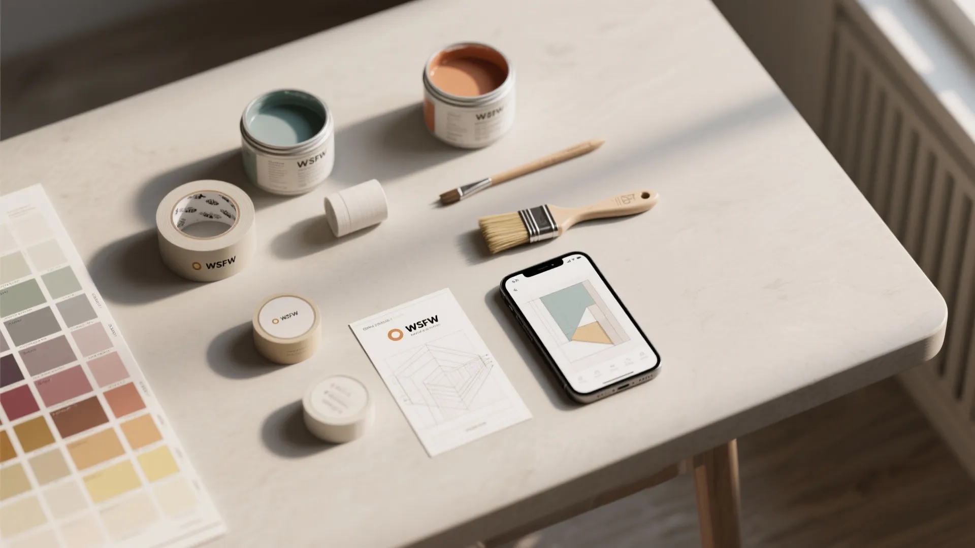 Interior design tools including paint cans brushes color swatches and a phone showing floor plans