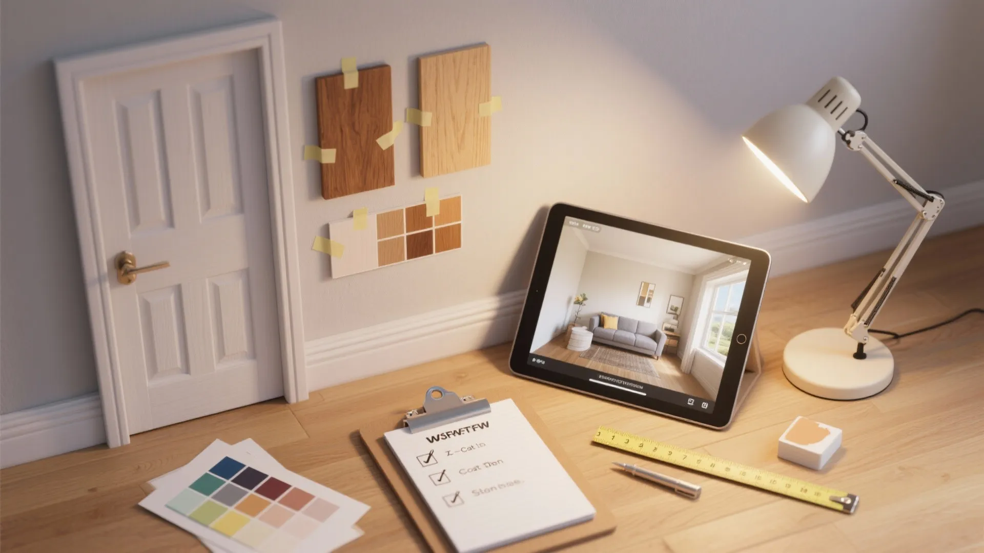 Interior design tools including a tablet plus color swatches and wood samples on a wooden floor