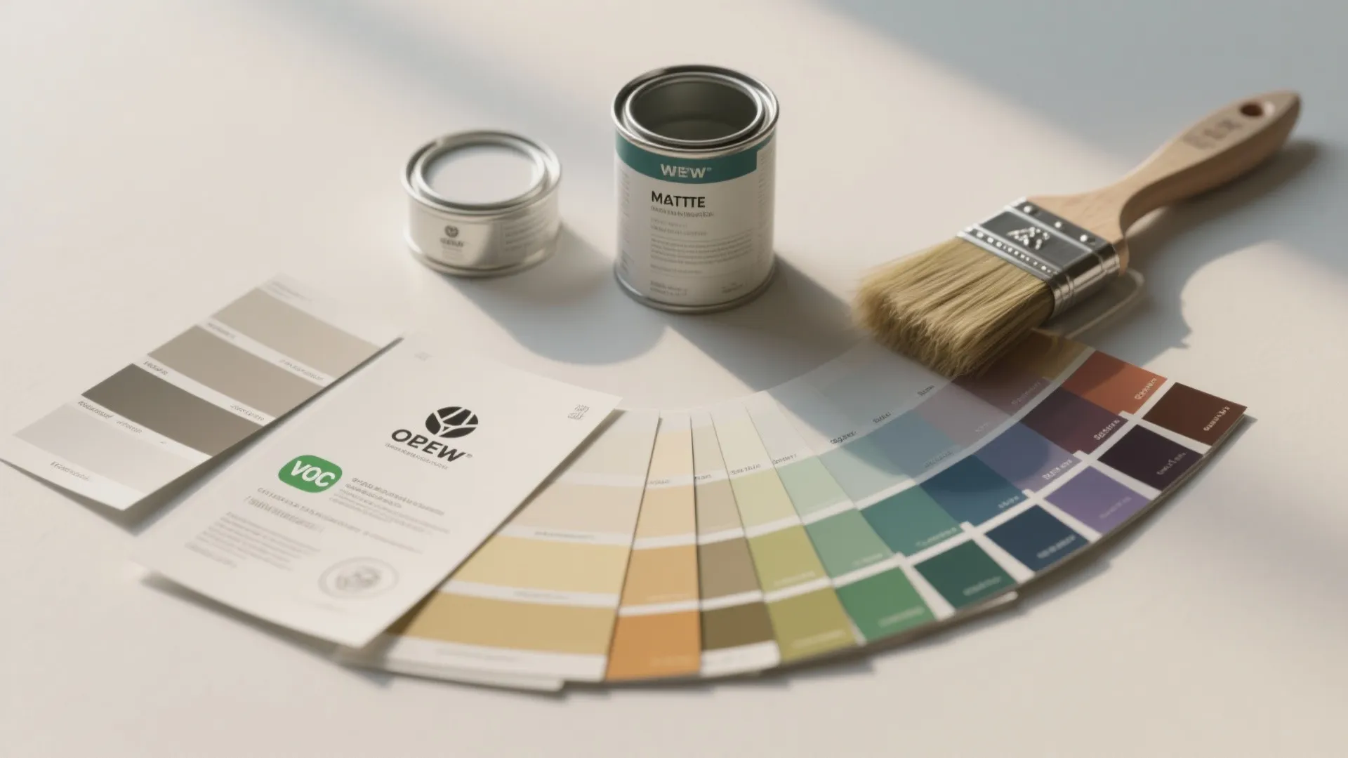 Colorful paint color cards spread out next to paint cans and a wooden paint brush
