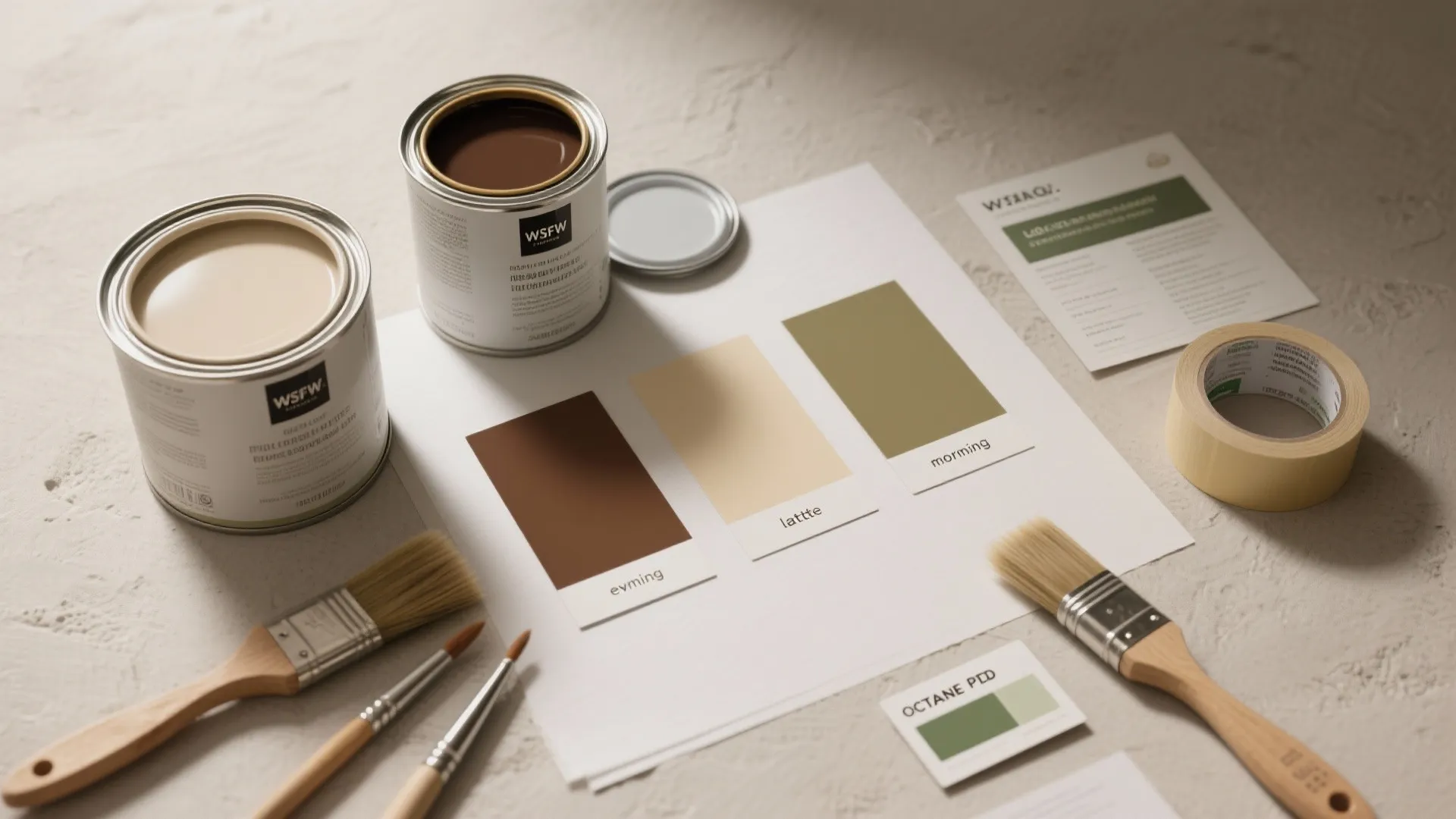 Paint cans, brushes, and color swatches on a table for choosing room wall color schemes